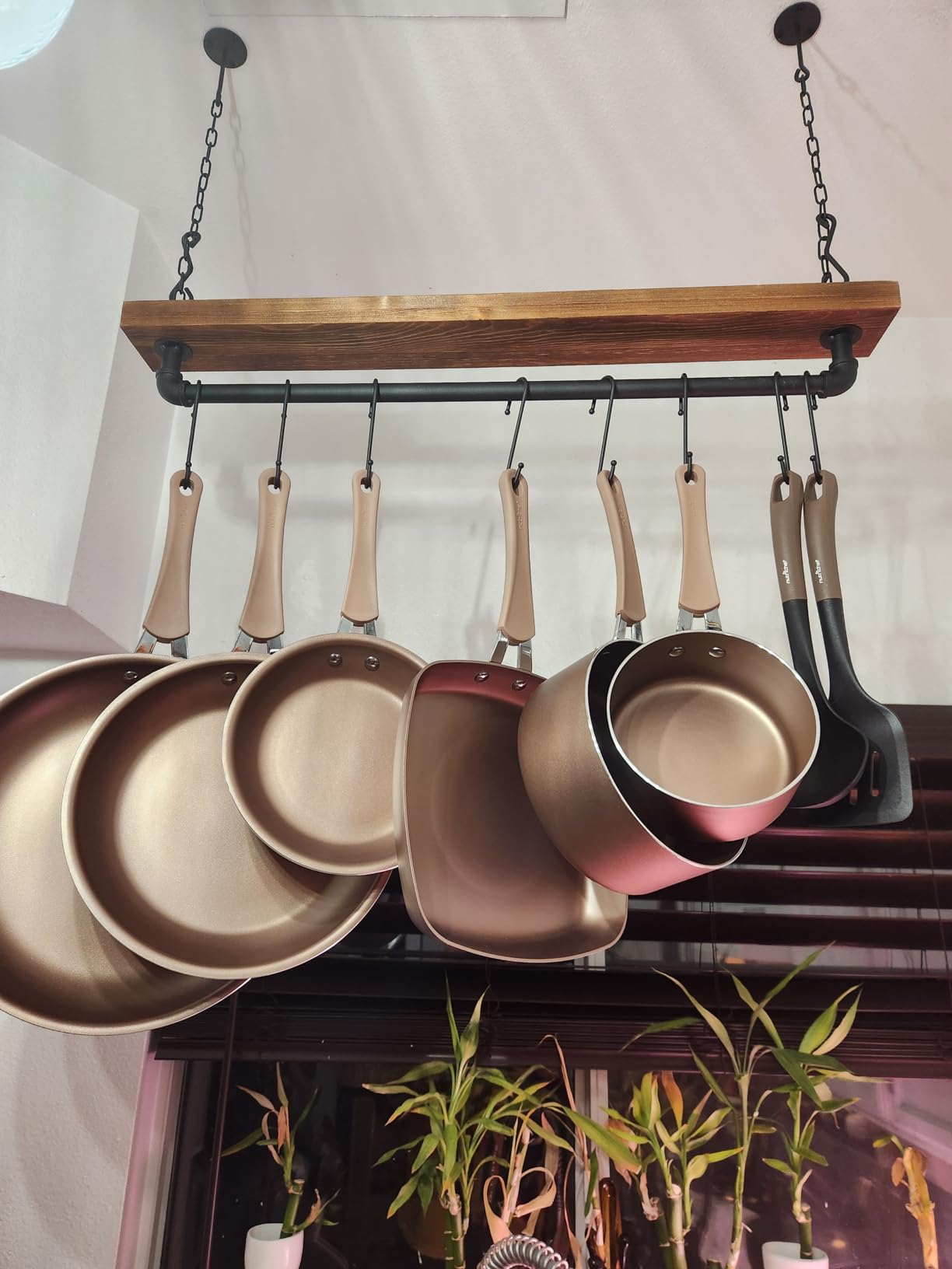 MyGift 30 Inch Ceiling or Wall Mounted Pot Rack with Rustic Brown Solid Wood Shelf customer photo 2