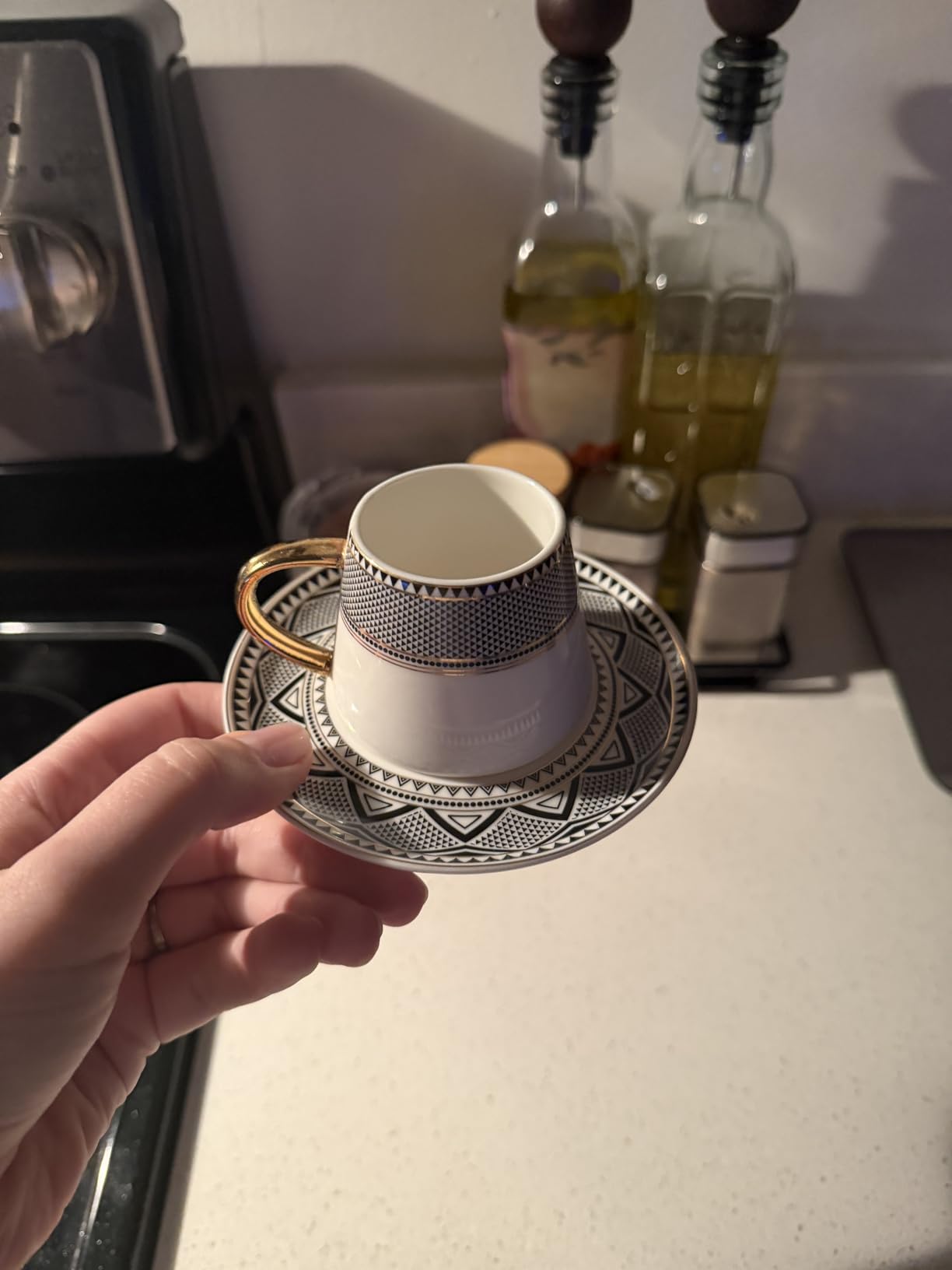 KARACA Globe Turkish Coffee Cup Set of 6, 80ml, 2.7 oz, Small Espresso Cups with Saucers, Porcelain, Black Patterns, and Gold Handles, Ideal for Serving Greek, Arabic Coffee customer photo 2