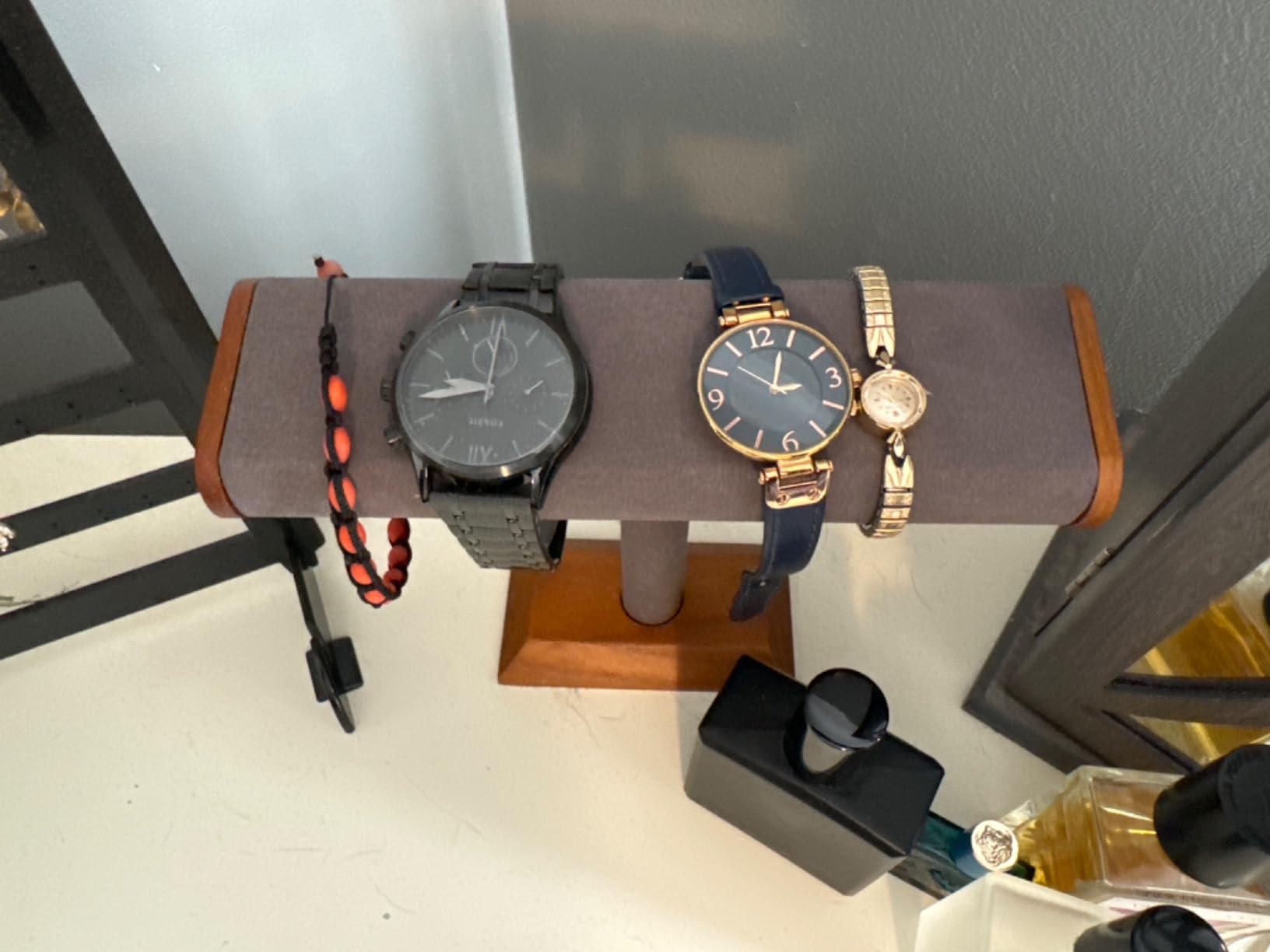 Oirlv Solid Wood T-Bar Watch Display Stand Jewelry Organizer Holder for Watch Bracelet Countertop Table Top Jewelry Tower(Grey) customer photo 2