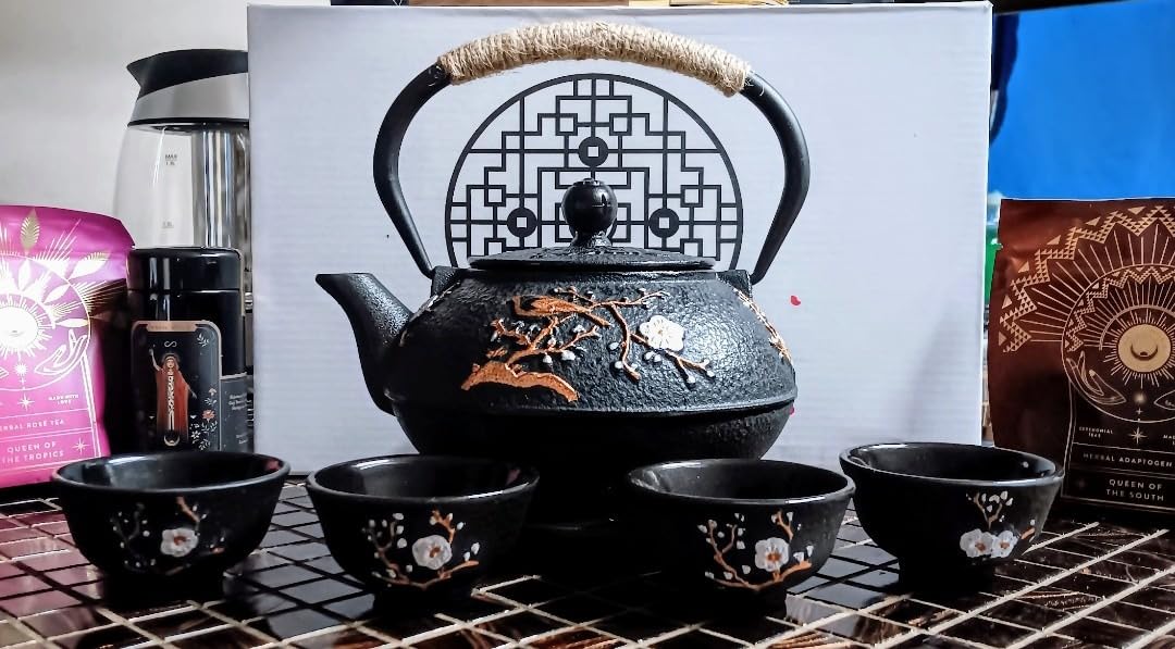 Japanese Style Cast Iron Teapot with Infuser Trivet Tetsubin Kettle | Chinese Tea Set for Adults Iron Tea Pots with 4 Tea Cups Black (Magpie and Plum Pattern) customer photo 1