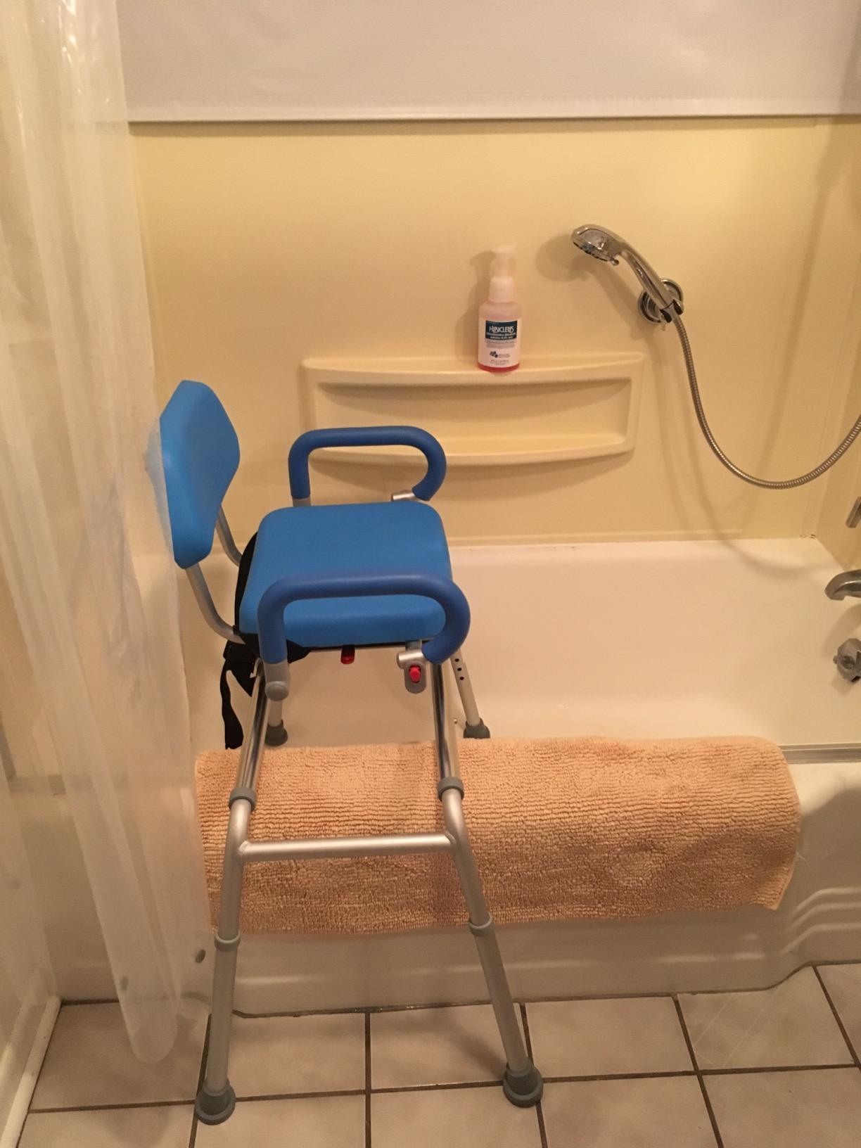 Carousel Sliding Shower Chair Tub Transfer Bench with Swivel Seat, Bariatric, Premium Padded with Pivoting Arms, High Capacity, Heavy Duty for Tubs, Inside Shower, for Handicap & Seniors, Blue customer photo 2