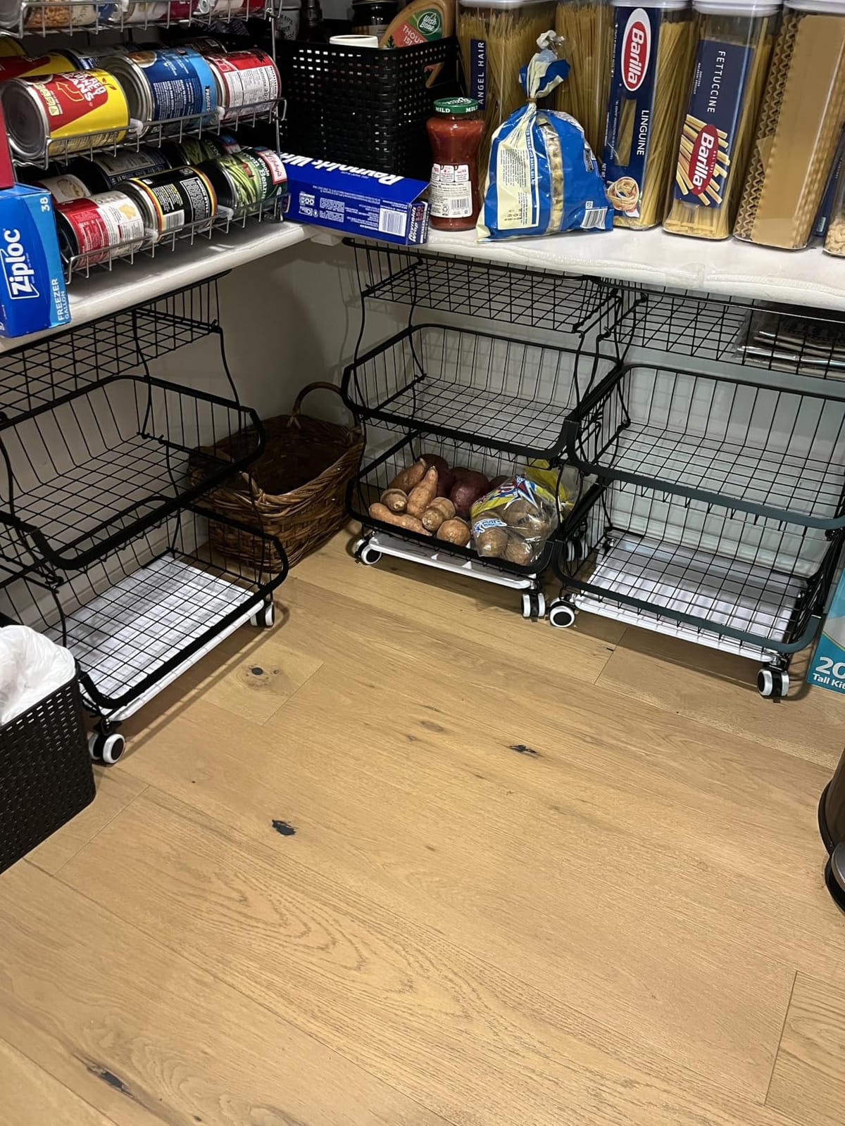 OKZEST 3-Tier Rolling Pantry Floor Organizers and Storage Cart with Wheels | Fits under pantry shelf, Stackable kitchen pantry baskets with dirt catch tray, Holds drink, snack, can, potato, onion, fruit customer photo 1