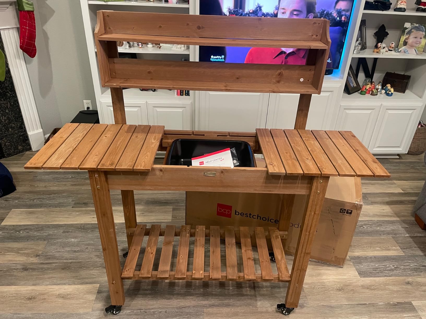 Best Choice Products Mobile Garden Potting Bench, Outdoor Wood Workstation Table w/Sliding Tabletop, 4 Locking Wheels, Food Grade Dry Sink, Storage Shelves - Brown customer photo 1