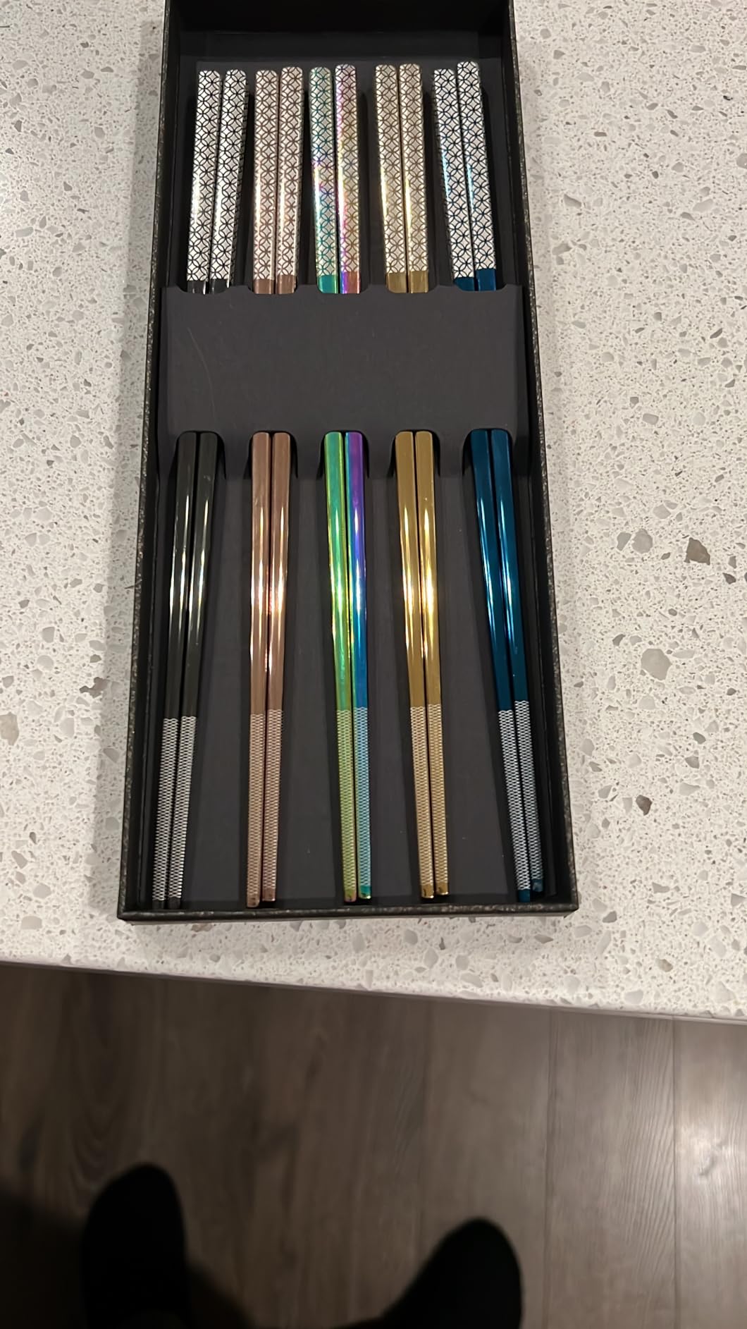 Metal Chopsticks Reusable 316 Stainless Steel Chopsticks Multipack Dishwasher Safe Chop Sticks Square Fancy Laser Engraved Non-slip Korean Chopstick for Cooking Eating 9.45 Inches 5 Pairs Gift Set customer photo 1