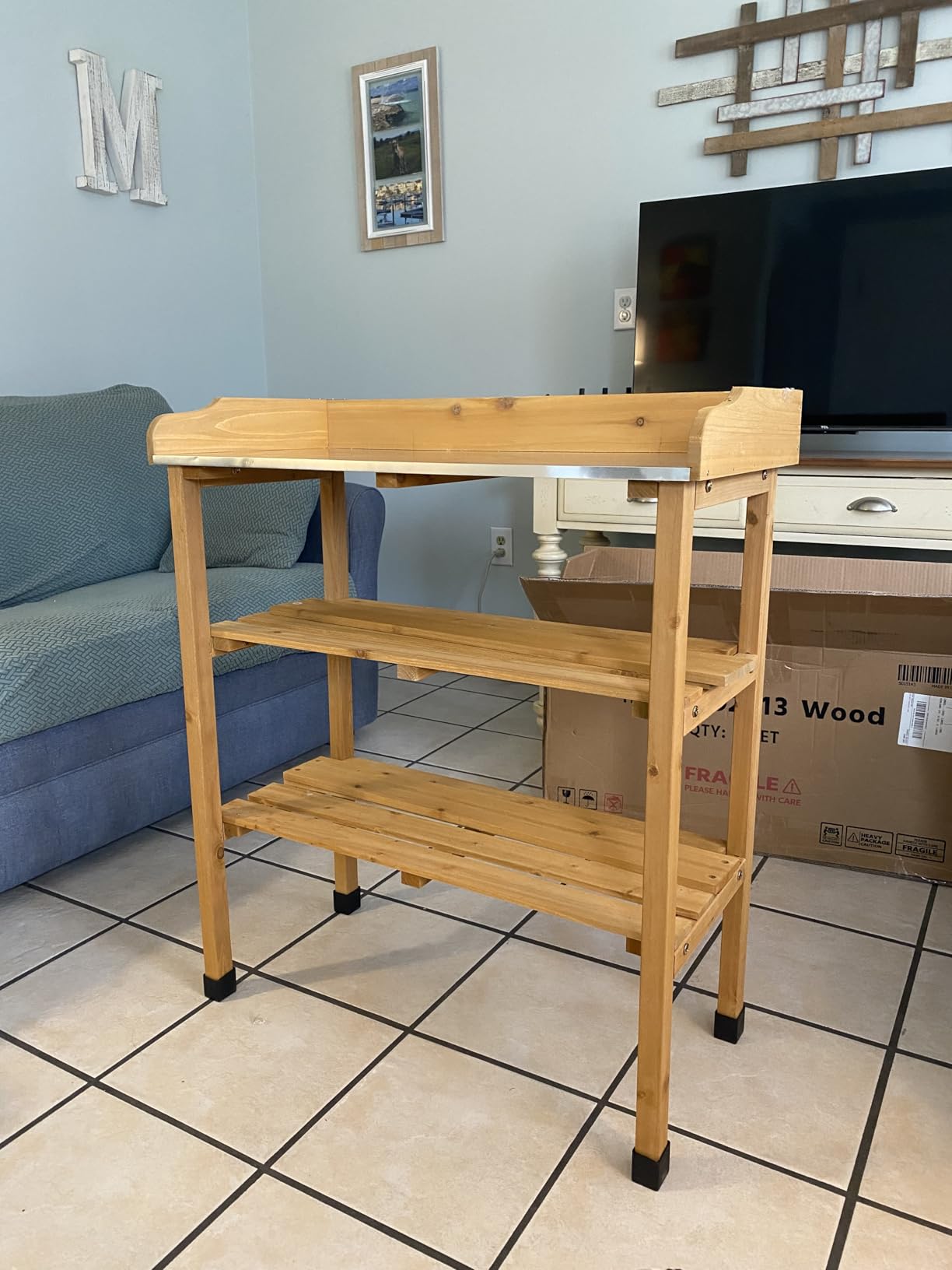 Yaheetech Potting Bench Outdoor Console Table w/3-Tier Storage, Natural Wood | Metal Tabletop, 3-Tier Storage Shelves with Hooks, Outdoor Gardening Table for Planting, Potting and Organizing Garden Tools customer photo 2