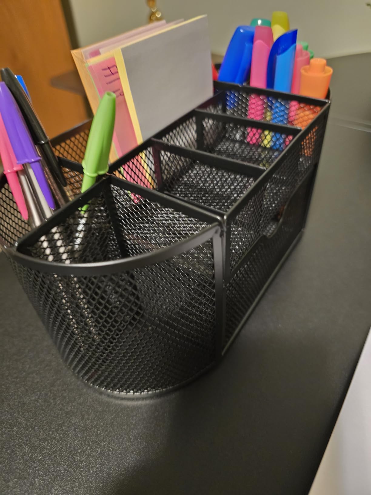 Amazon Basics Mesh Desk Organizer with Pen Holder, Pullout Drawer and Office Caddy Storage, 9.25