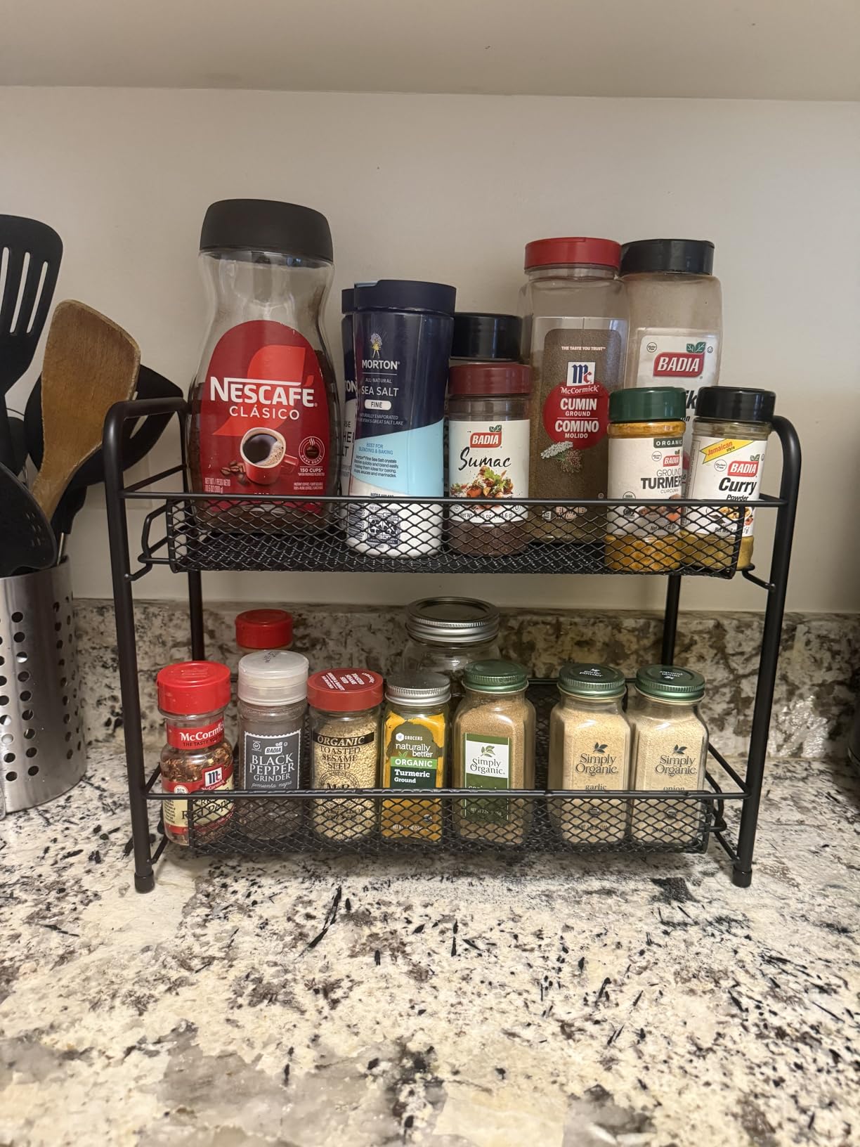 Spice Rack Organizer for Countertop,Xpatee 2-Tier Foldable Metal Rust-Proof Standing Large Seasoning Storage Shelf with Guardrail and Mesh Design for Kitchen Cabinet Bathroom Living Room Pantry, Black customer photo 1