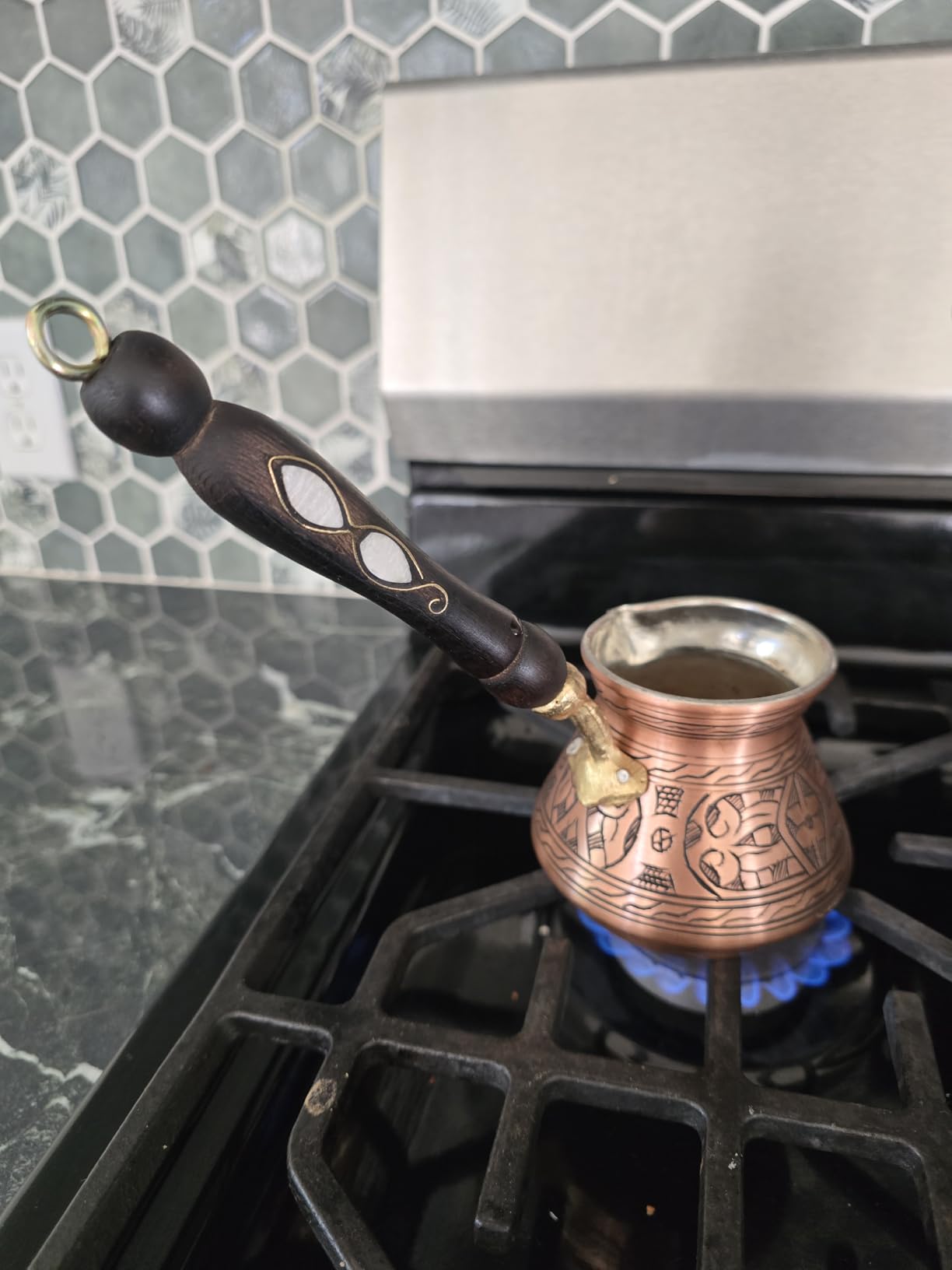 BCS 12 oz Handmade Copper Turkish Coffee Pot, Hand-Engraved Cezve & Spoon | Greek/Arabic Coffee Maker Briki/ibrik | Made in Turkey | Tin Lined | Gas & Electric Stovetops; Not Induction | Wooden Spoon customer photo 2