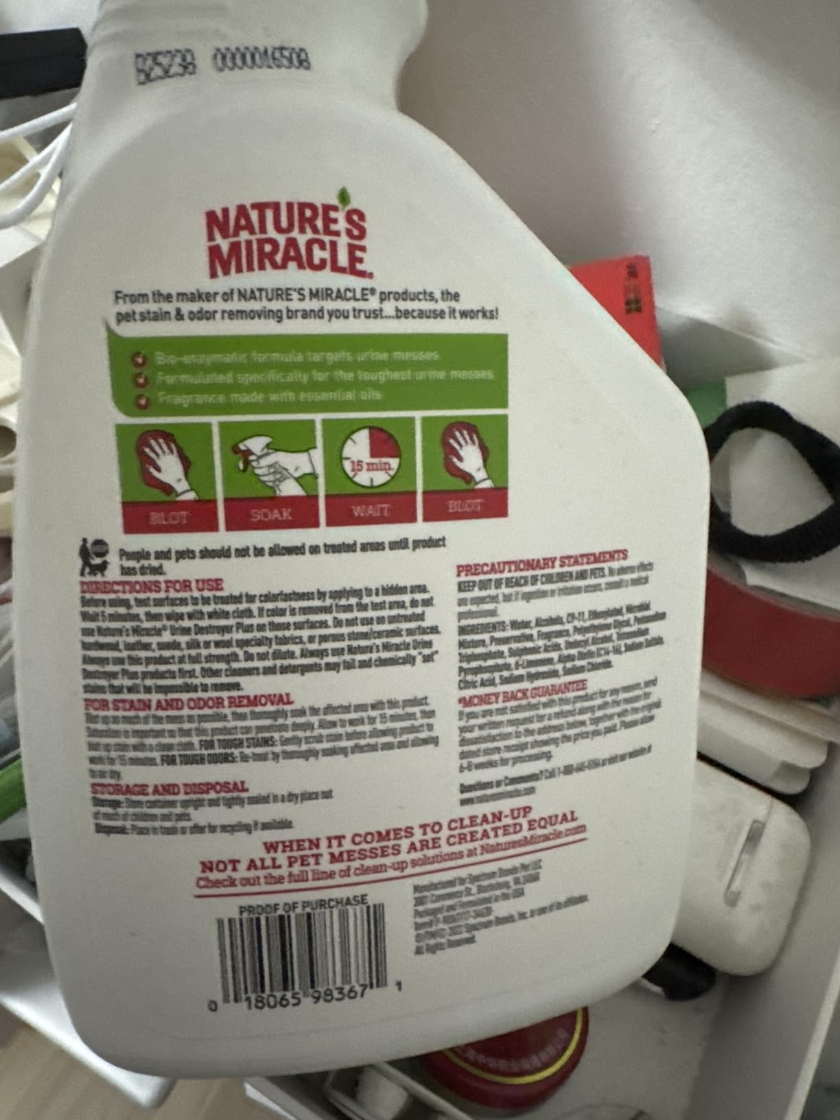 Nature's Miracle Cat Urine Destroyer Plus, Enzymatic Cleaner, 32 oz | Destroys the Toughest Cat Urine Stains, For Use on Multiple Surfaces, Safe For Pets and Home*, Fresh Scent customer photo 1