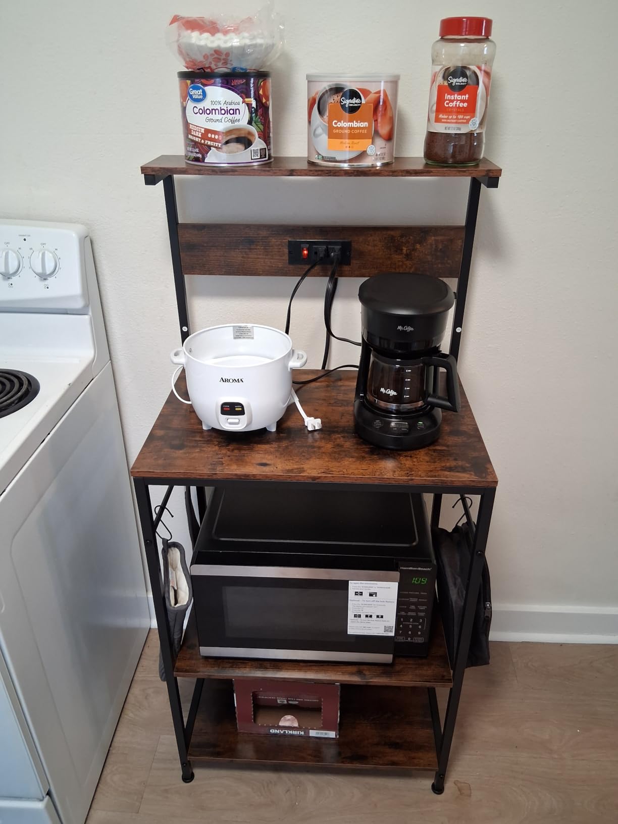 SUPERJARE Kitchen Bakers Rack with Power Outlet, Coffee Bar Table 4 Tiers, Kitchen Microwave Stand with 6 S-shaped Hooks, Storage Shelf Rack for Spices, Pots and Pans - Rustic Brown customer photo 1