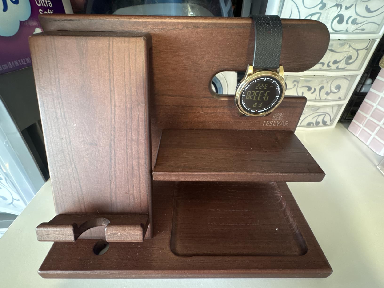 TESLYAR Wood Phone Docking Station for Men - Desktop or Nightstand Organizer - Birthday Gifts for Men, Dad - Anniversary Idea from Wife - Key Holder, Stand Wallet, Watch & Essentials (Bourbon Brown) customer photo 1