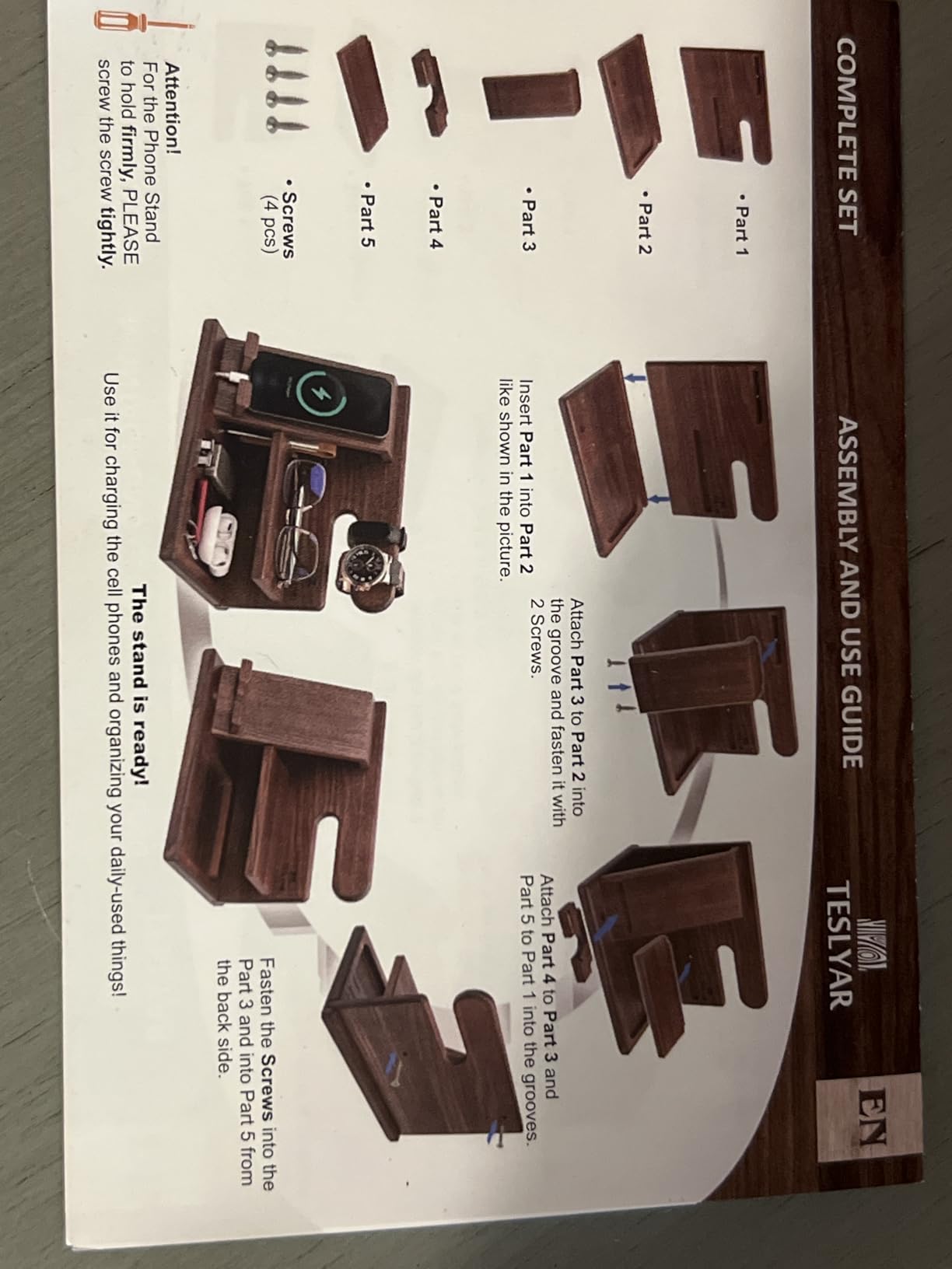 TESLYAR Wood Phone Docking Station for Men - Desktop or Nightstand Organizer - Birthday Gifts for Men, Dad - Anniversary Idea from Wife - Key Holder, Stand Wallet, Watch & Essentials (Bourbon Brown) customer photo 2