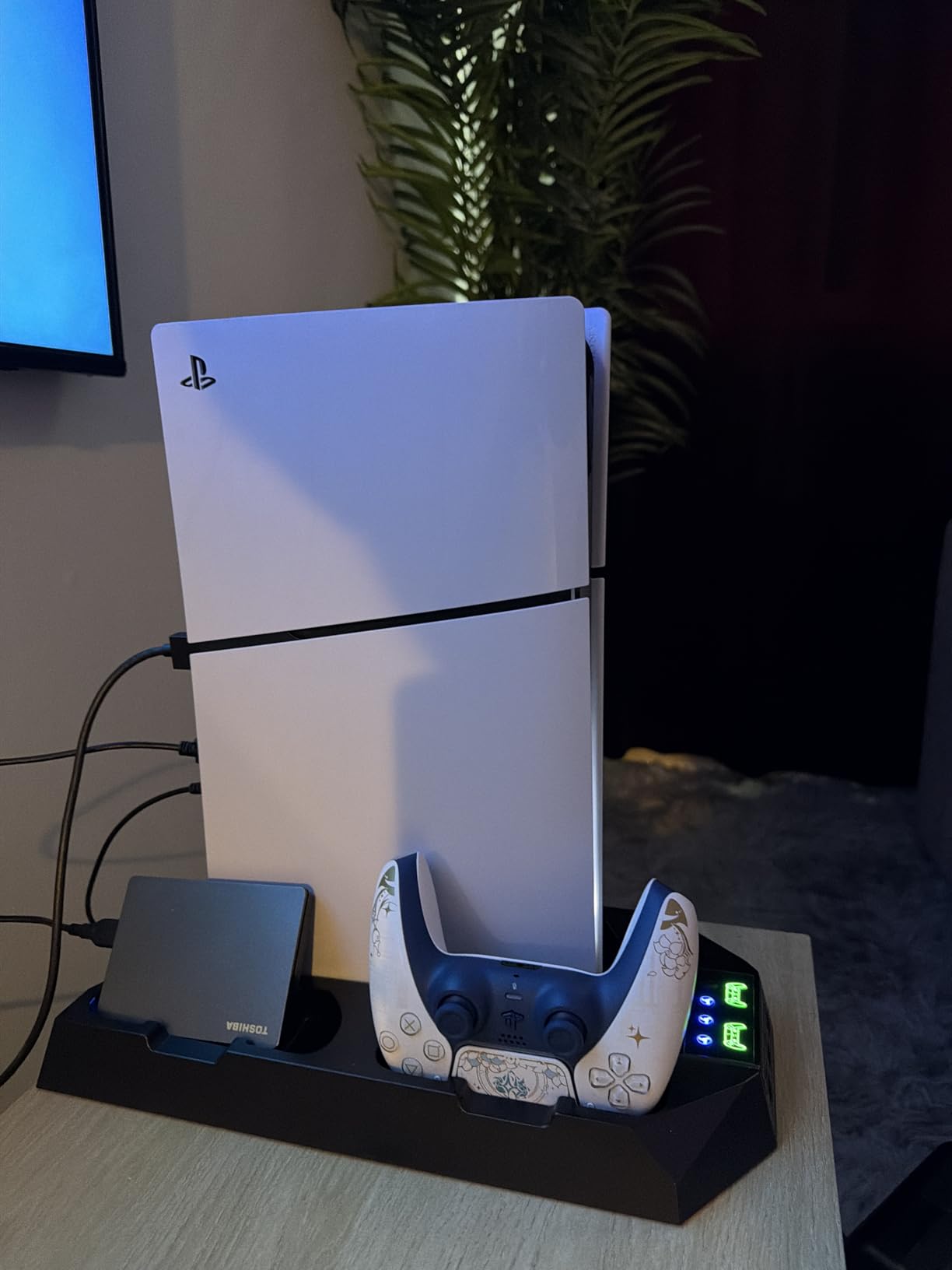 PS5/PS5 Slim/PS5 Pro Stand and Cooling Station with Dual Controller Charging Station for PlayStation 5 Console, PS5 Accessories Incl. Controller Charger, Cooling Fan, Headset Holder, 3 USB Hub, White customer photo 2