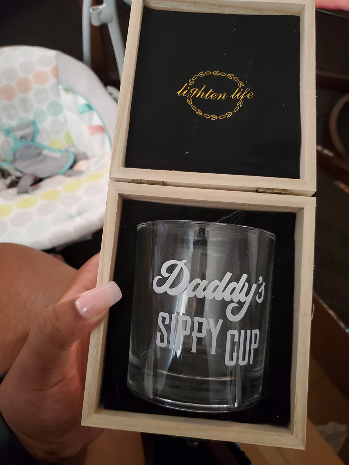 LIGHTEN LIFE Daddy's Sippy Cup Whiskey Glass 12 oz, Unique Dad Gift in Valued Wooden Box customer photo 2