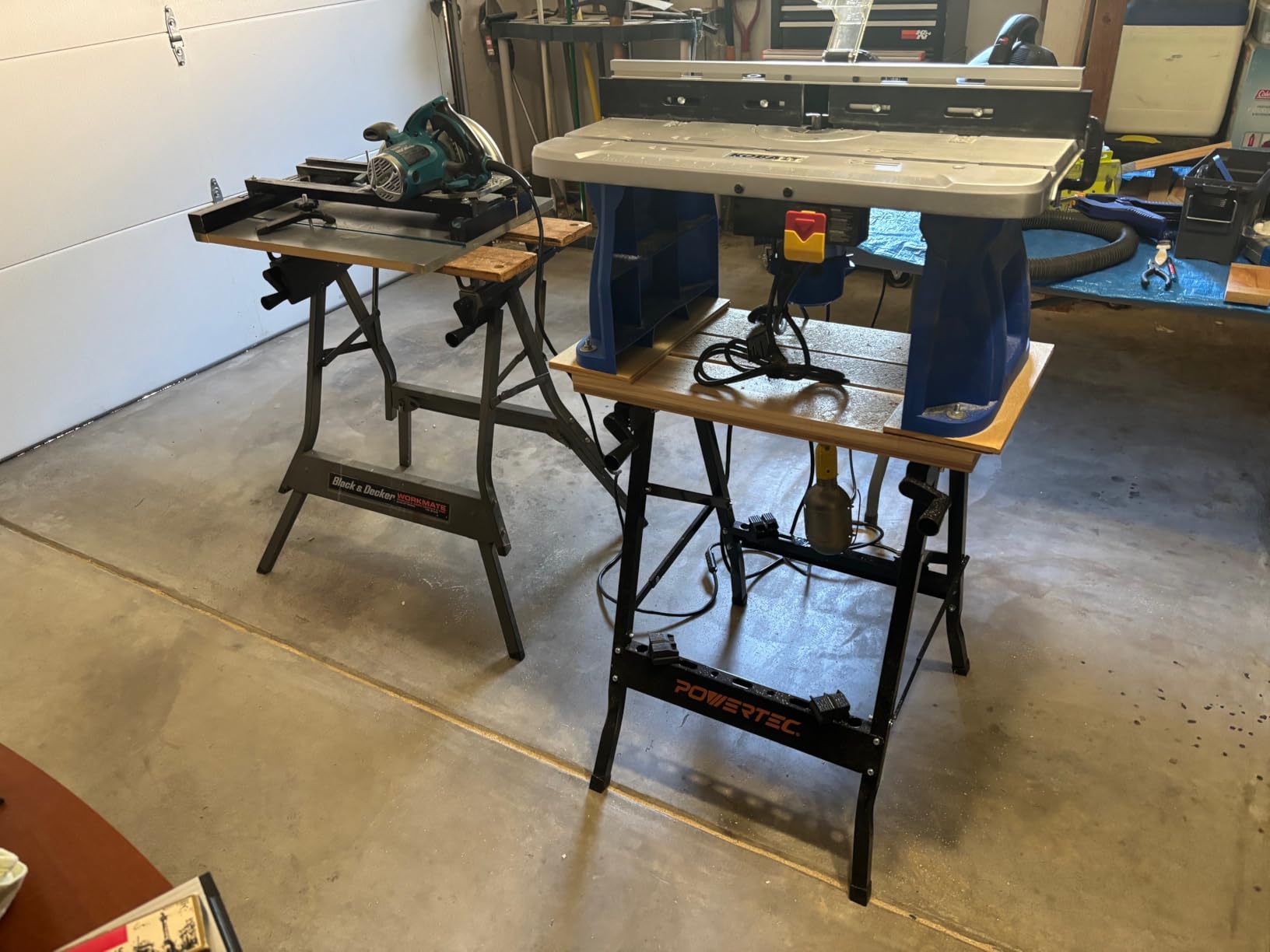 POWERTEC Portable Small Workbench with Vise, Imprinted Ruler and Protractor Scale, Folding Sawhorse/Worktable and 4 Bench Dogs for Woodworking Projects (MT4006V) customer photo 2