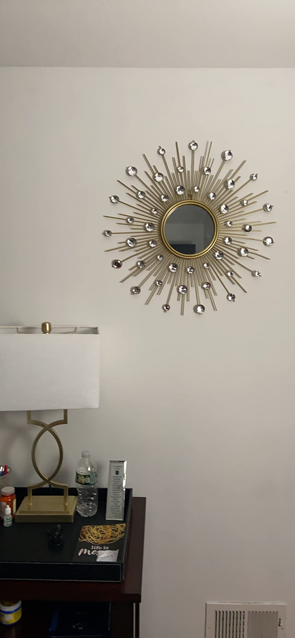 Gold Sunburst Mirror for Wall Decor Metal Sun Wall Mirror Decorative with Crystal Diamond for Living Room Bedroom Entryway Large Circle Mid Century Modern Starburst Wall Hanging 24 Inch customer photo 2