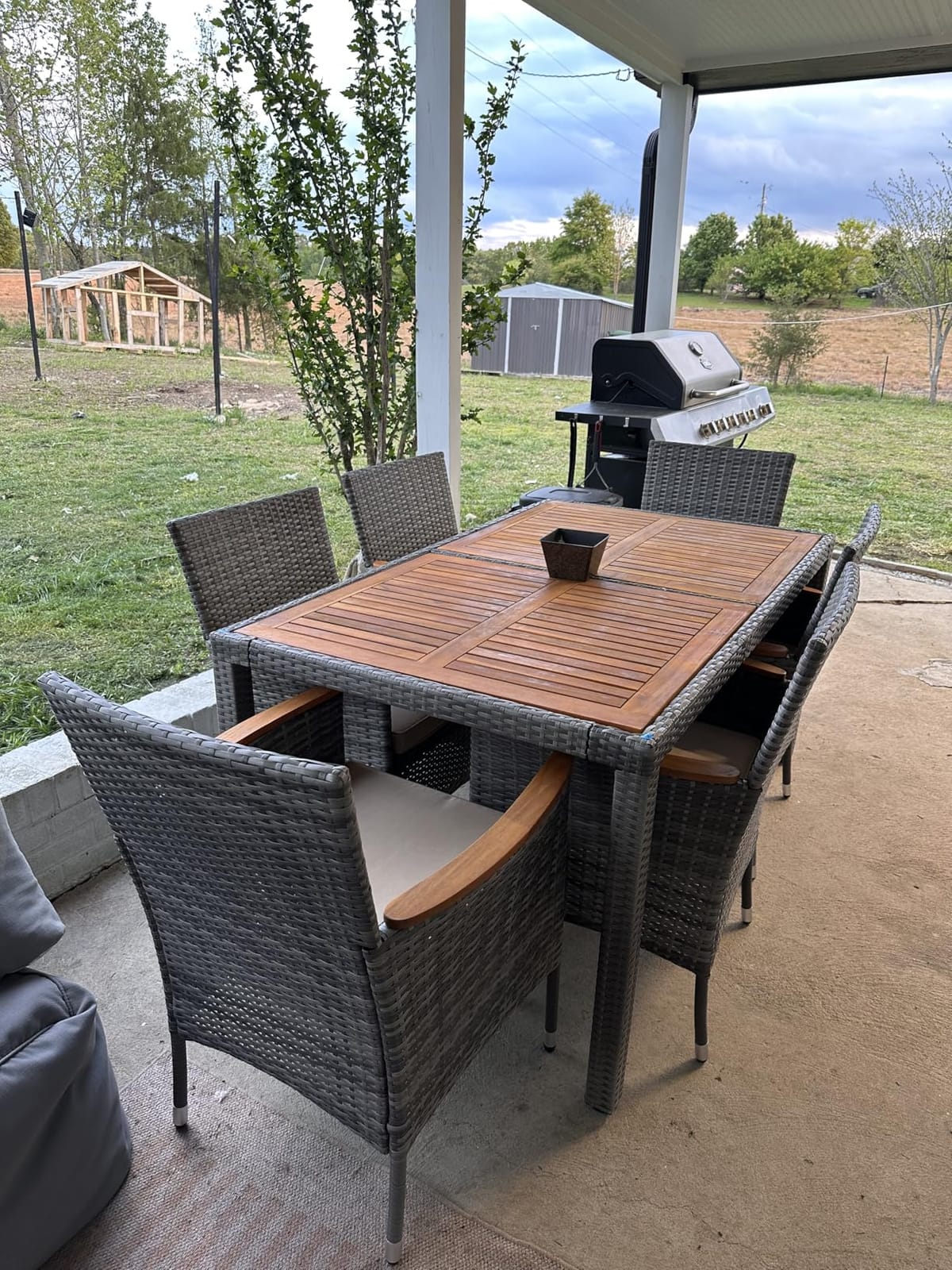 Devoko 7 PCS Acacia Wood Patio Dining Set, Black Rattan | Outdoor Patio Furniture Set, Patio Dining Table Set for 6, Patio Table and Chairs Set For Garden Backyard Pool Side customer photo 2