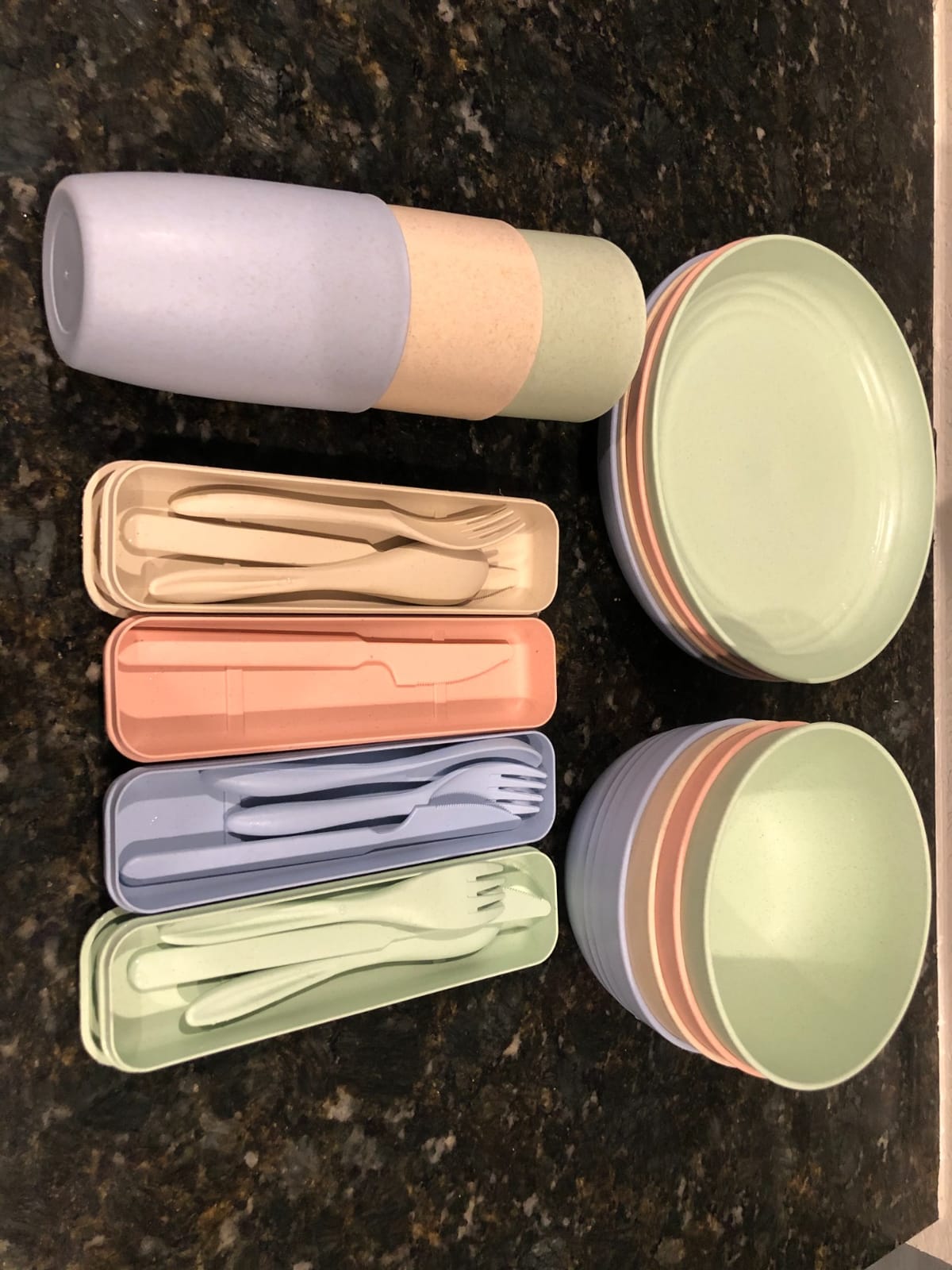 FOODLE Wheat Straw Dinnerware Set - RV, Camping Plates Cups and Bowls Set | BPA-Free & Safety Tested - Microwave & Dishwasher Safe - Lightweight & Unbreakable Dishes - Great for Kids & Adults - For 4 customer photo 2