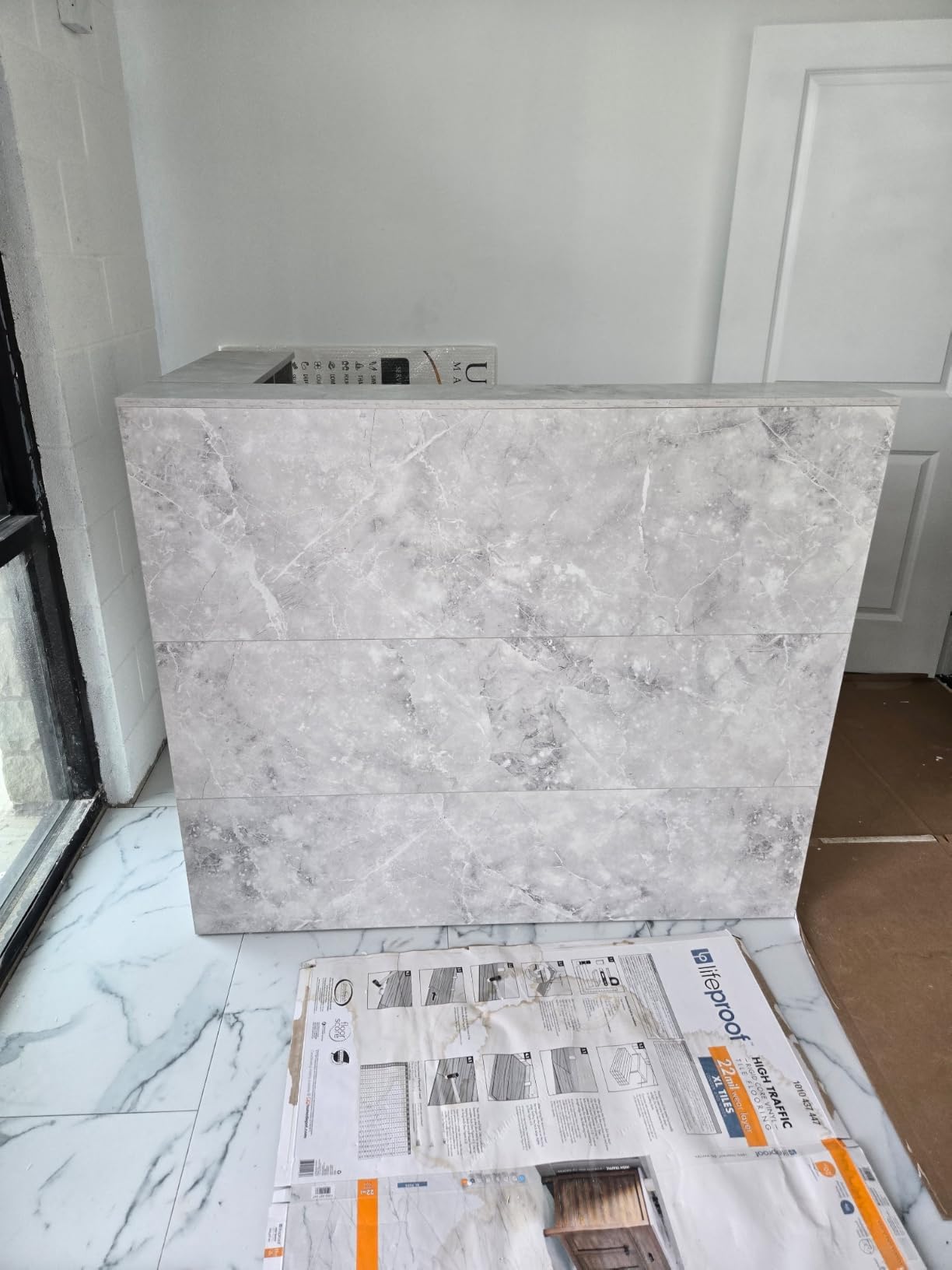 AIEGLE Reception Desk with Counter Drawers & Storage Shelves, L-Shaped Reception Counter Table for Salon Reception Room Checkout Office, White (55.9