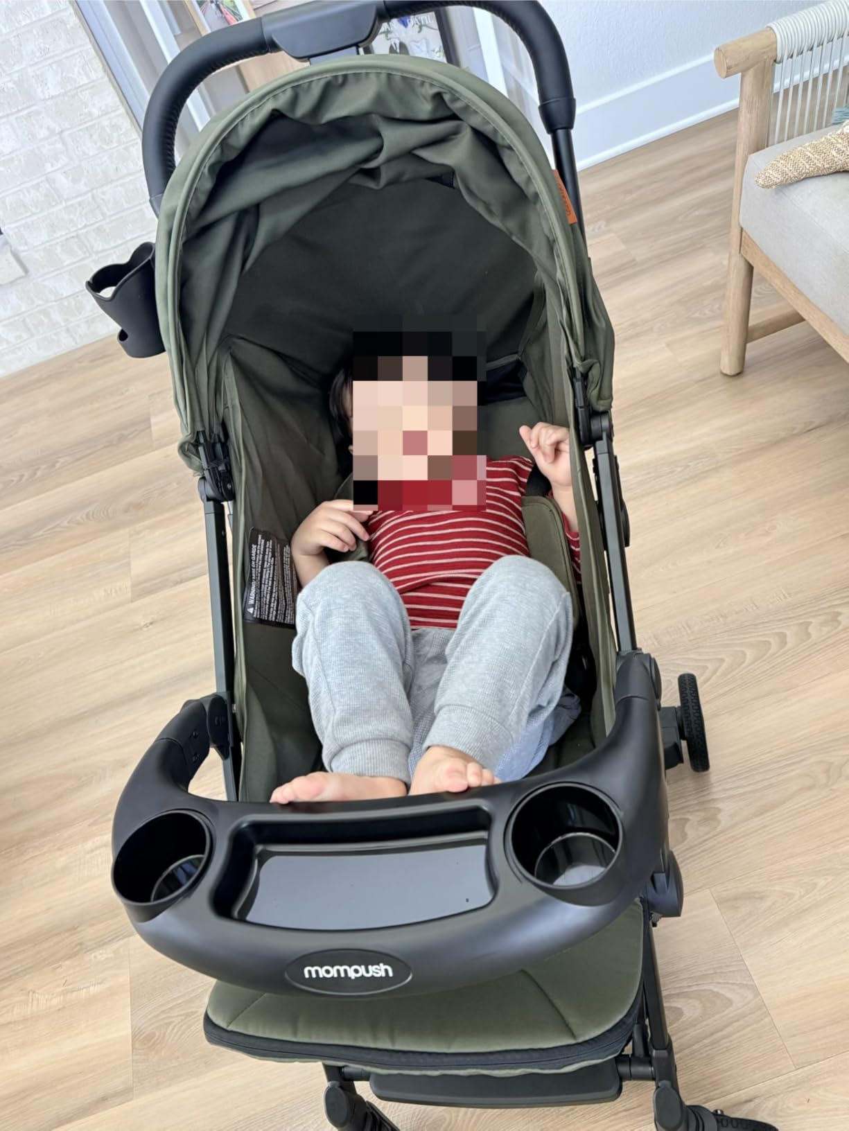 Mompush Lithe V2 Lightweight Travel Stroller Snack Tray Included, Khaki | Compact baby stroller, airplane-ready, one-hand fold, mechanical recline seat, UPF 50+ canopy, travel bag & rain cover customer photo 2