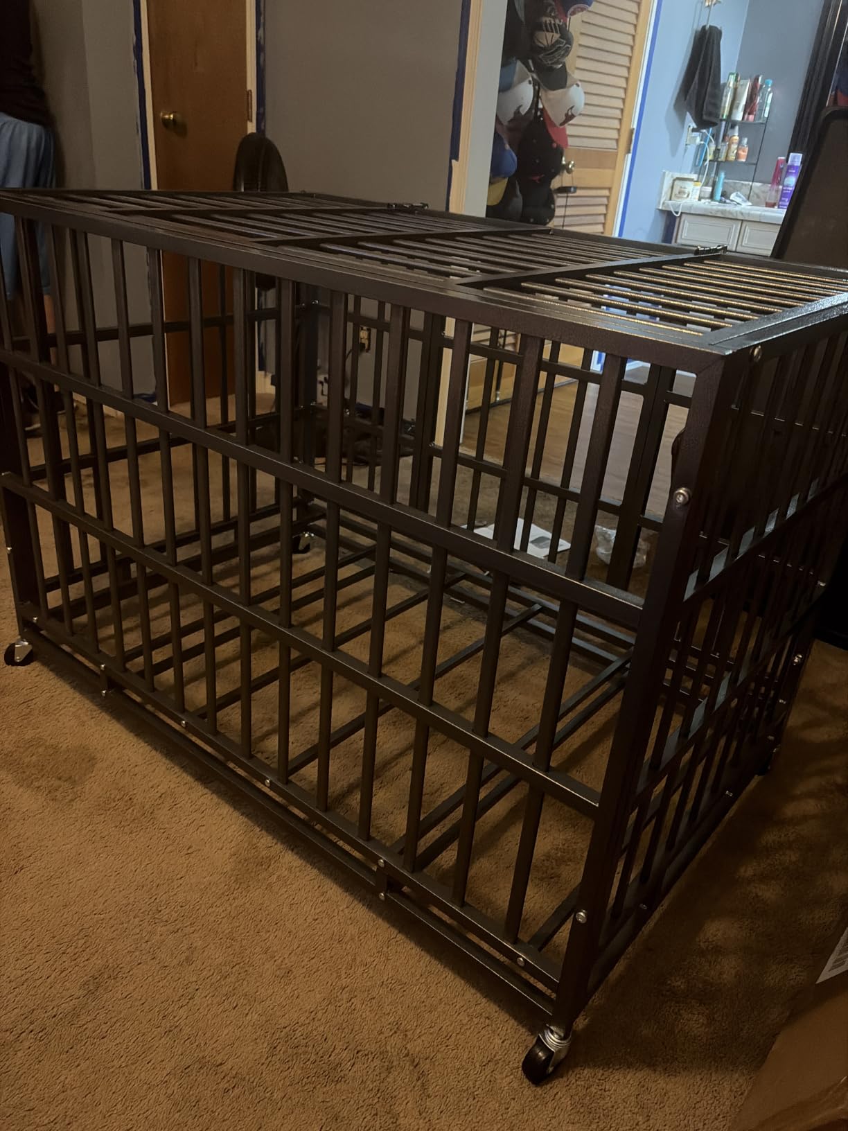 Hiwokk 48 Inch Heavy Duty Dog Crate, Indestructible Escape-Proof Dog Kennel for High Anxiety Large Dogs, Strong Metal Pet Cage with Double Doors, Lockable Wheels & Removable Tray, XL XXL XXXL customer photo 1