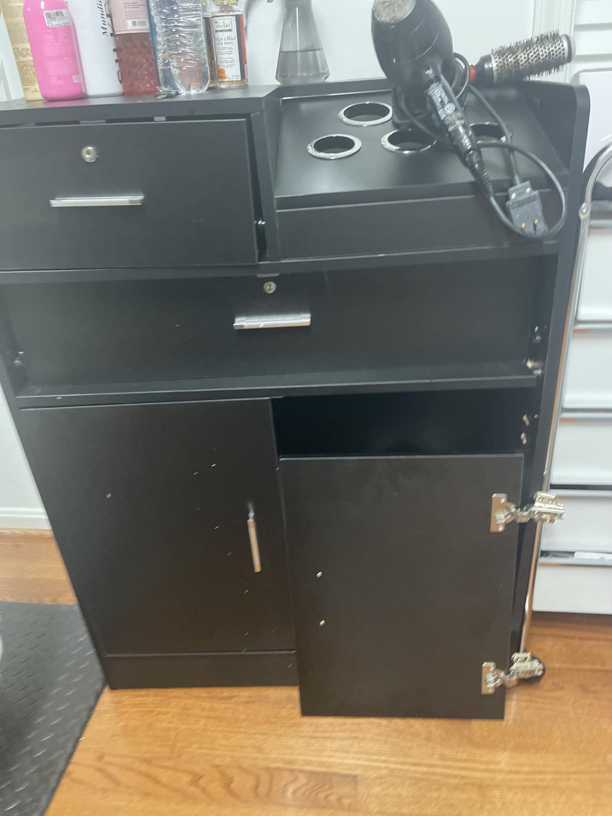 OmySalon Salon Storage Cabinet with Lock, Beauty Barber Salon Styling Station Organizer Equipment, Hair Stylist Station with 5 Hair Dryer Holders, Two Drawers, One Cabinet customer photo 2