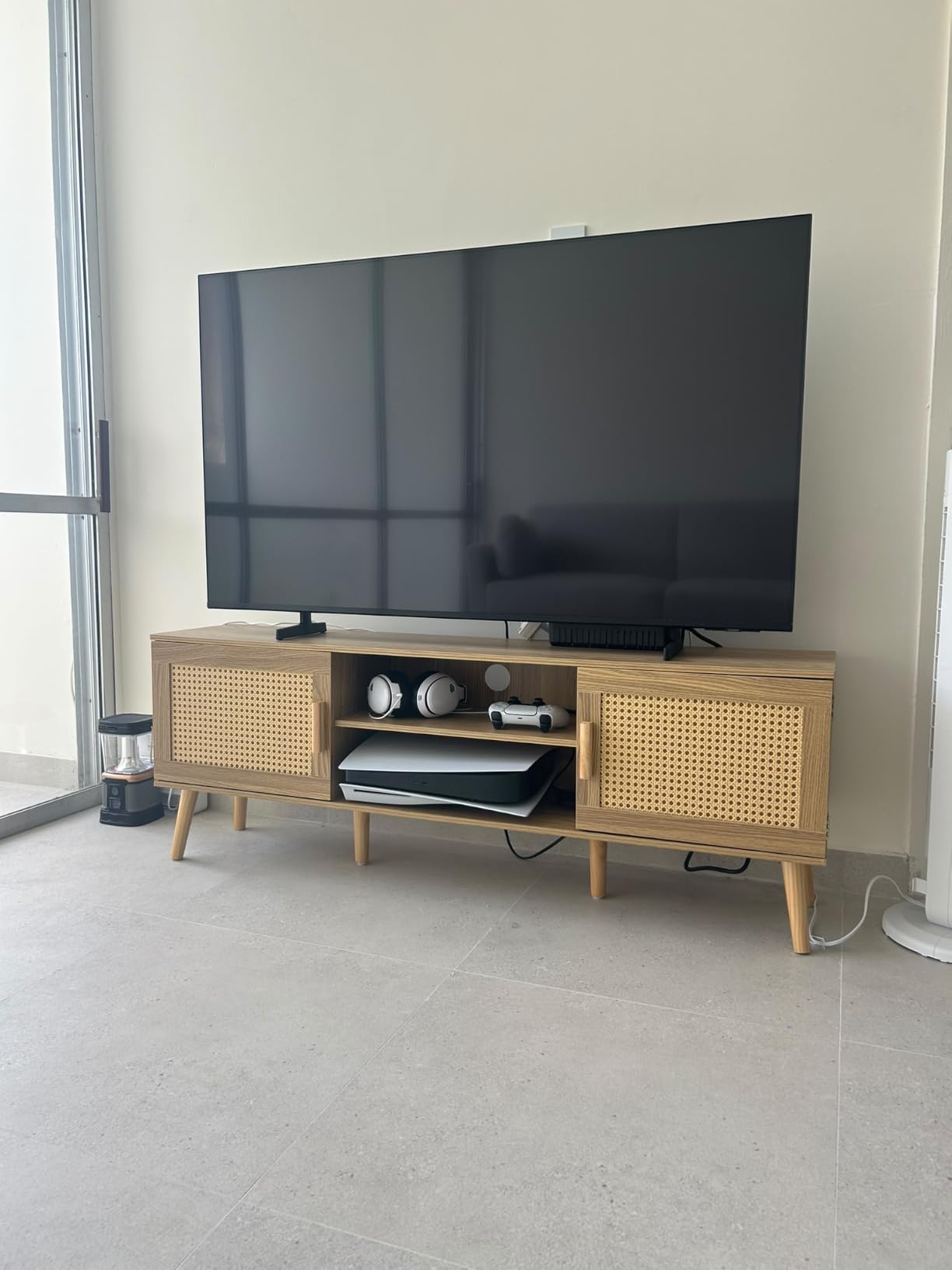 SUPERJARE Boho TV Stand for 65 Inch TV, Entertainment Center with Adjustable Shelf, Rattan TV Console with 2 Cabinets, Media Console, Solid Wood Feet, 4 Cord Holes, for Living Room - Natural customer photo 2