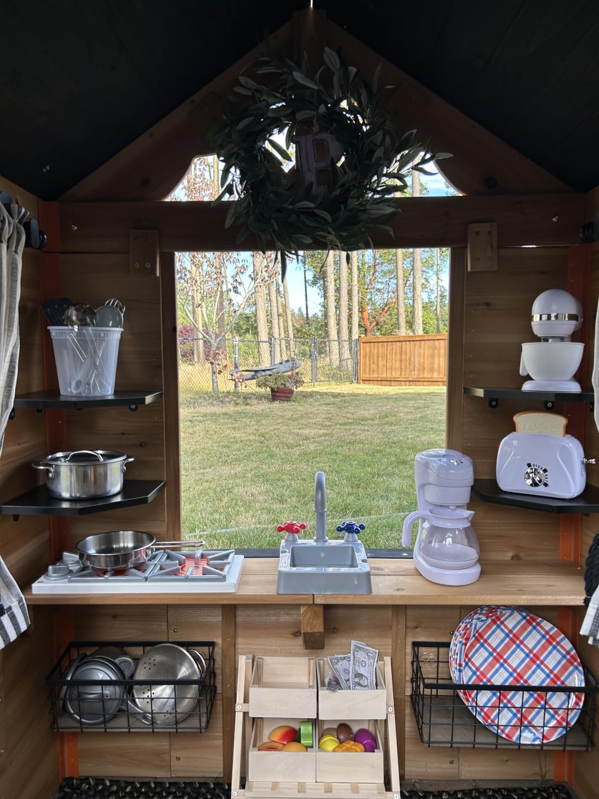 Backyard Discovery Sweetwater White Cedar Wooden Kids Playhouse Cottage with Play Kitchen, Snack Bar, Half Door, Toy Phone, Windows, Flowerpot Holders, Working Doorbell for Outdoor Imaginative Play customer photo 1