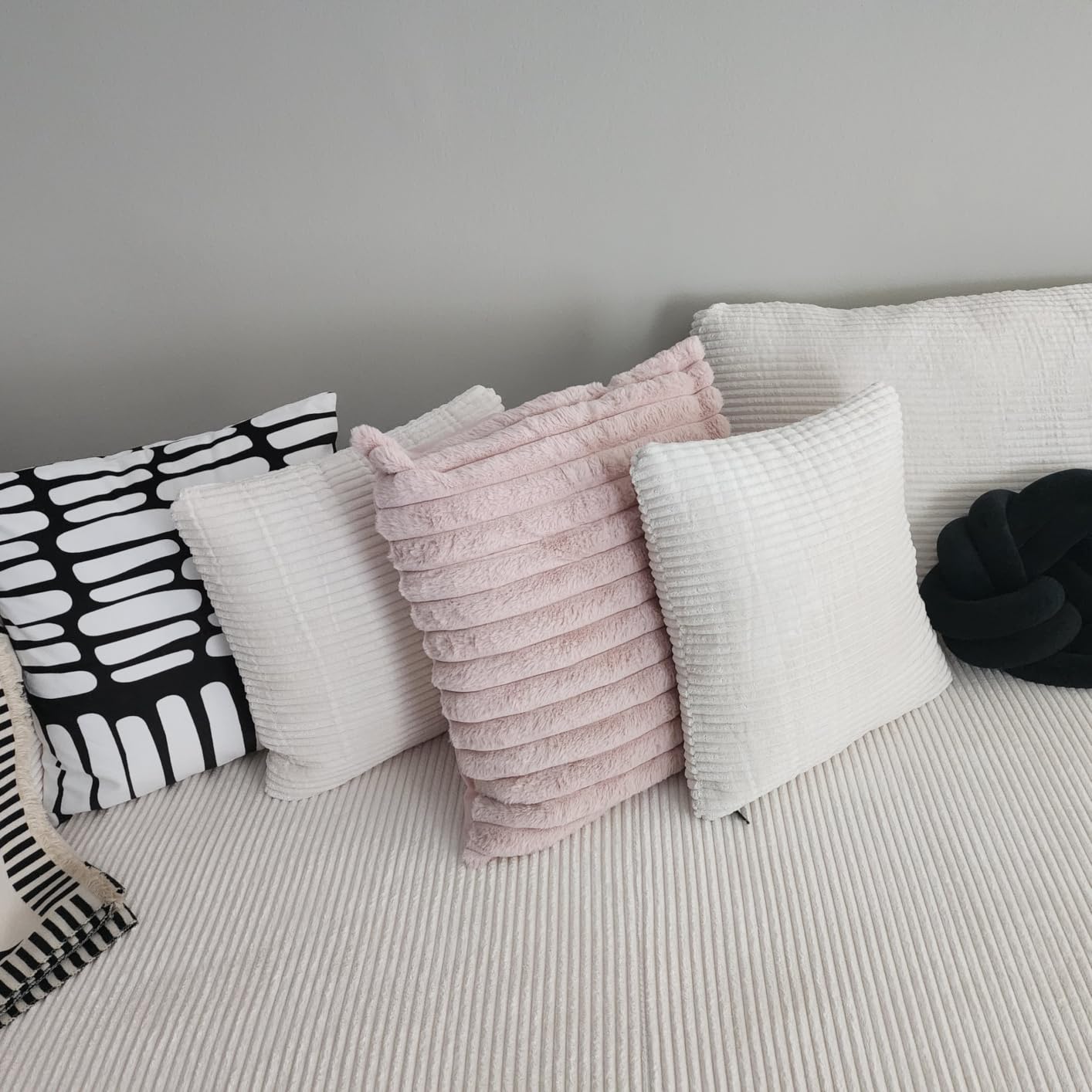 Pallene Faux Fur Decorative Throw Pillow Covers 18x18 Set of 2, Cream White | Luxury Plush Texture, Striped Design, Cozy Soft Touch, Fall Modern Home Accent Decor for Couch, Sofa, Bed, Living Room customer photo 1