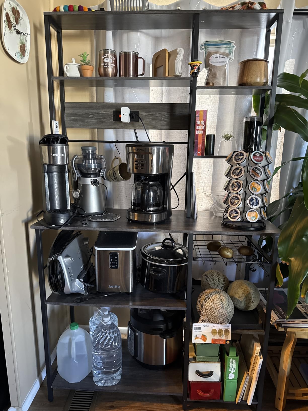 SUPERJARE Large Bakers Rack with Power Outlets, 39.6 Inches Microwave Stand | Coffee Bar with 6-Tier Storage, 12 S-Shaped Hooks, Kitchen Shelf with Wire Basket, Rustic Brown customer photo 1