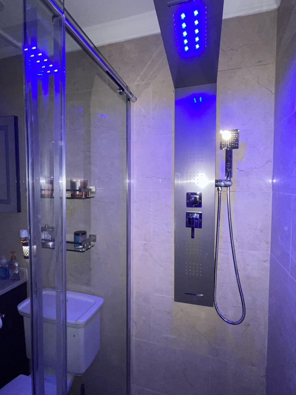 ROVOGO LED Shower Panel Tower System with Lights, 5 Shower Modes, 46.5 Inch | Rainfall Waterfall Shower Head, 4 Body Jets, Handheld and Tub Spout, Stainless Steel Shower Column with Brass Valves, Brushed customer photo 2