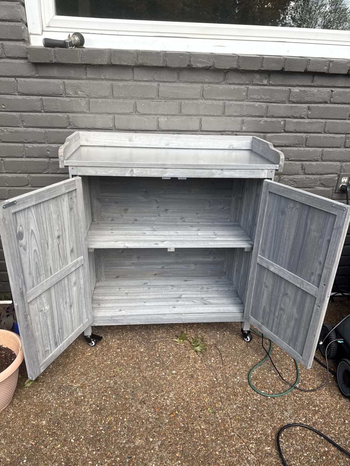 Yaheetech Rolling Potting Bench Outdoor Storage Cabinet, Metal Top, Brown | Fir wood cabinet with shelves hides garden and grill gear, its metal top suits potting, and locking wheels roll it anywhere customer photo 1