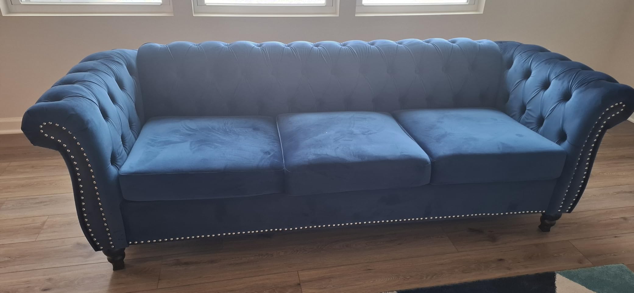 LEVNARY Velvet Chesterfield Sofa, Classic Tufted Upholstered Couch, Modern 3 Seater Couch Long Settee Furniture with Tufted Back for Living Room Office (Beige) customer photo 2