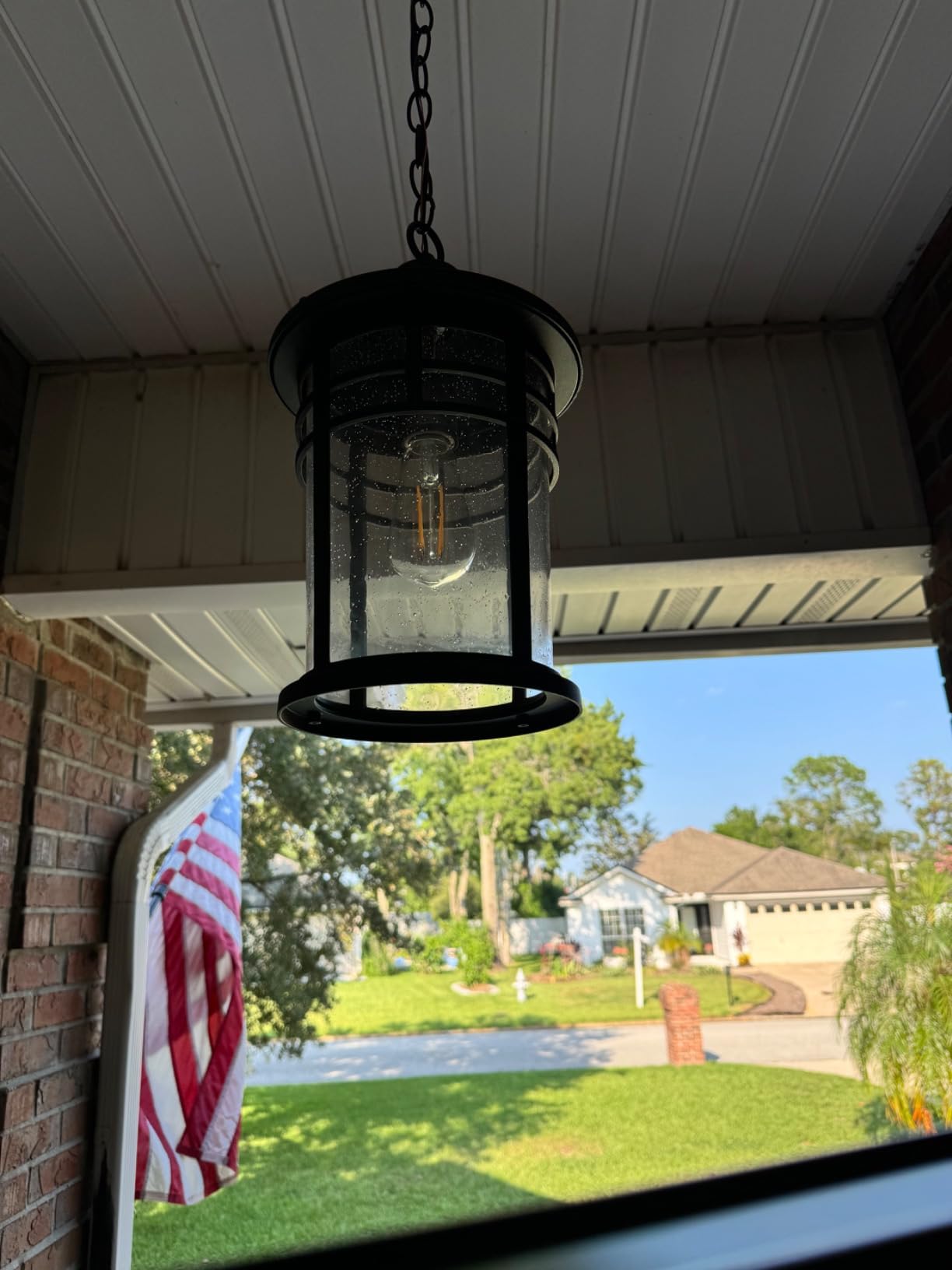 Darkaway Large Outdoor Pendant Lights, 15inch Outdoor Chandelier Hanging Porch Lights Outside Ceiling Mount Aluminum with Seeded Glass for Front Door Gazebo Patio (Large, Black) customer photo 2