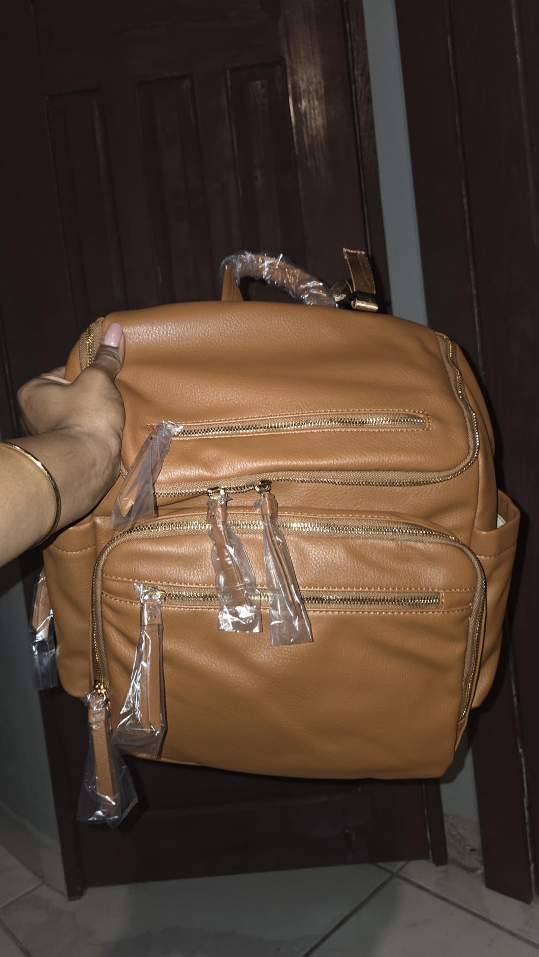 Omanmoli Diaper Bag Backpack Large Baby Diaper Bag Leather with 17 Diaper Bag Organizing Pouches,Changing Pad,Stroller Straps,4 Insulated Pockets,Brown customer photo 2