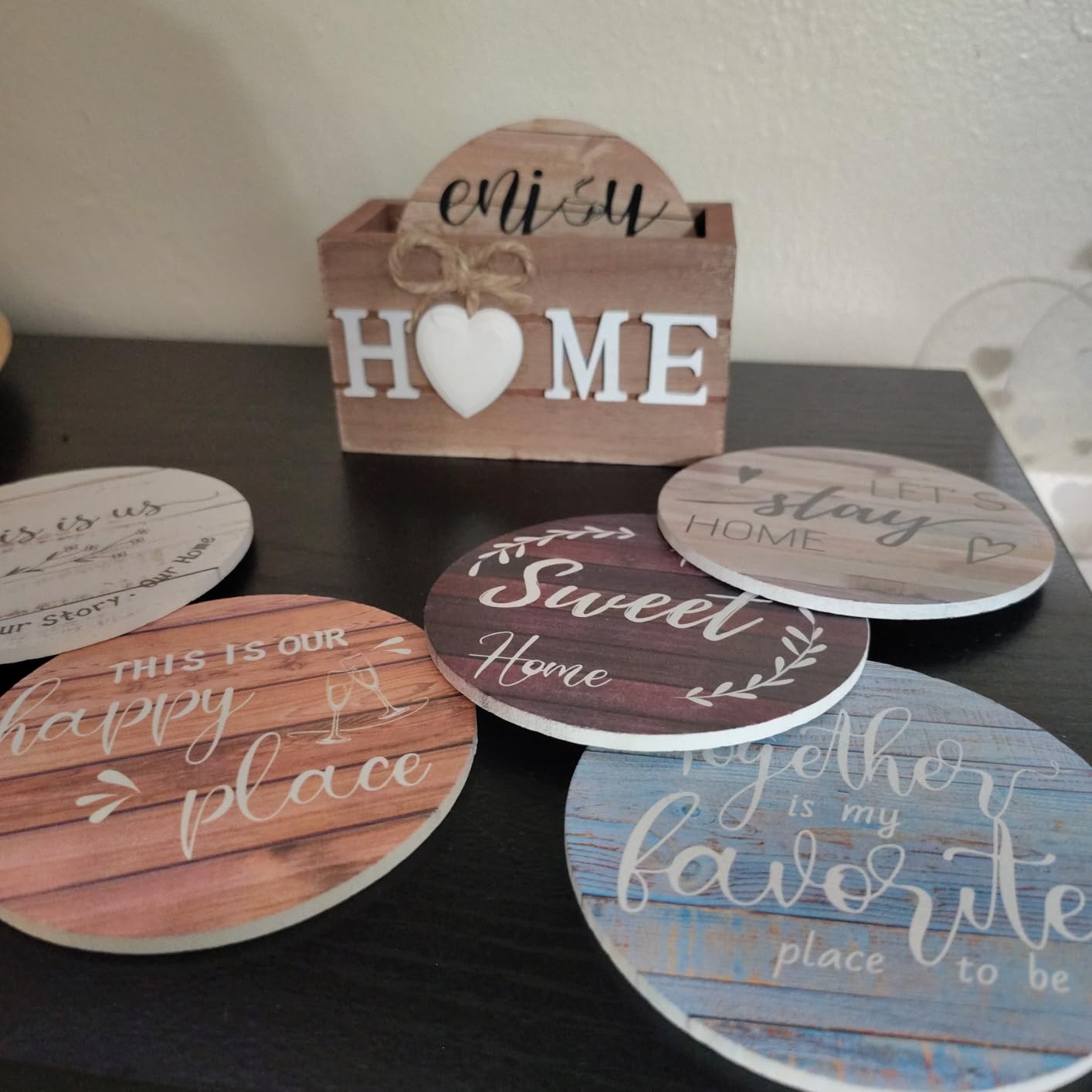 Queekay House Warming Gifts New Home Farmhouse Coasters Set of 6, Mixed | Wooden Coasters for Drink with Holder, 4'', Funny Home Decoration for Family Coffee Bar Table Protection, New Home Gift Ideas customer photo 1