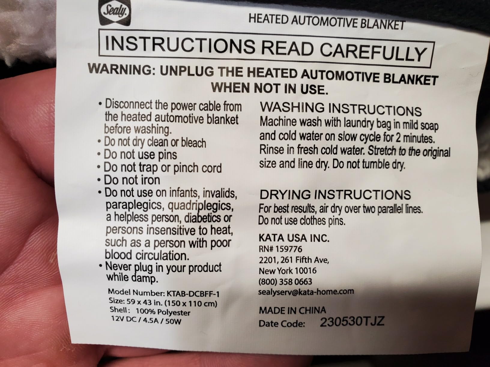 Sealy 12-Volt Heated Car Blanket, 2 USB Output Ports, 59
