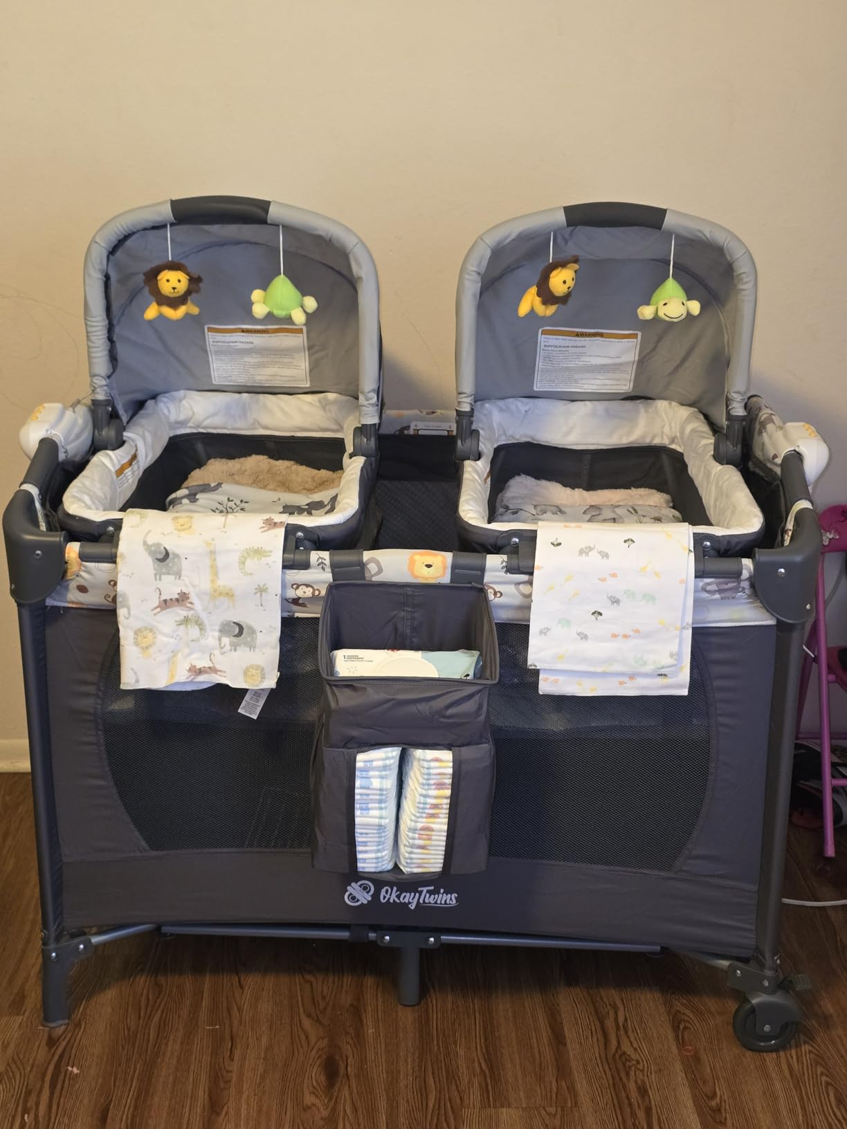 Twin Bassinet & Full-Size Infant Bedside Bassinet & Playard for Baby, Includes 2 Removable Rock-A-Bye Portable Bassinets with Storage Bags, Gray customer photo 1