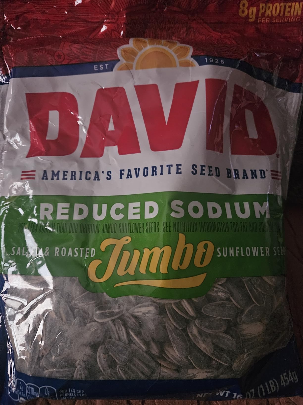 DAVID Reduced Sodium Sunflower Seeds, Original Flavor, 16 oz. | 8g protein per serving; Reduced Sodium Original flavor; great for baseball games & road trips; perfect for desk snacking customer photo 1