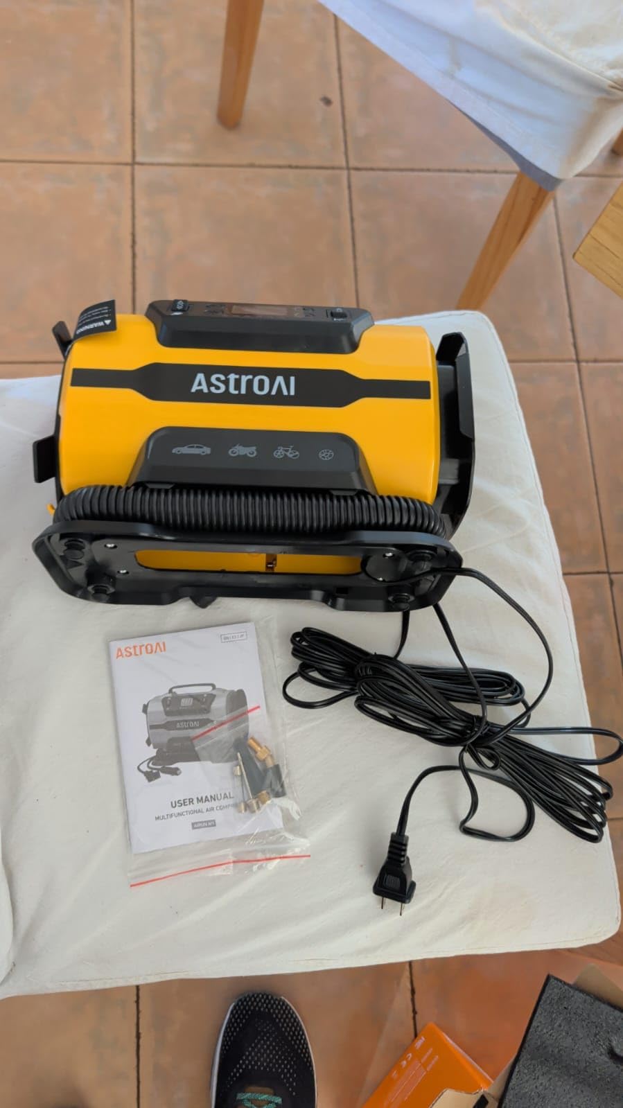 AstroAI Tire Inflator Portable Air Compressor, 12V DC/120V AC Dual Power | Fast-Inflating Air Pump with Dual Metal Motors, 150PSI Digital Gauge for Car, SUV, Bike Tires & Air Mattresses, Yellow customer photo 1