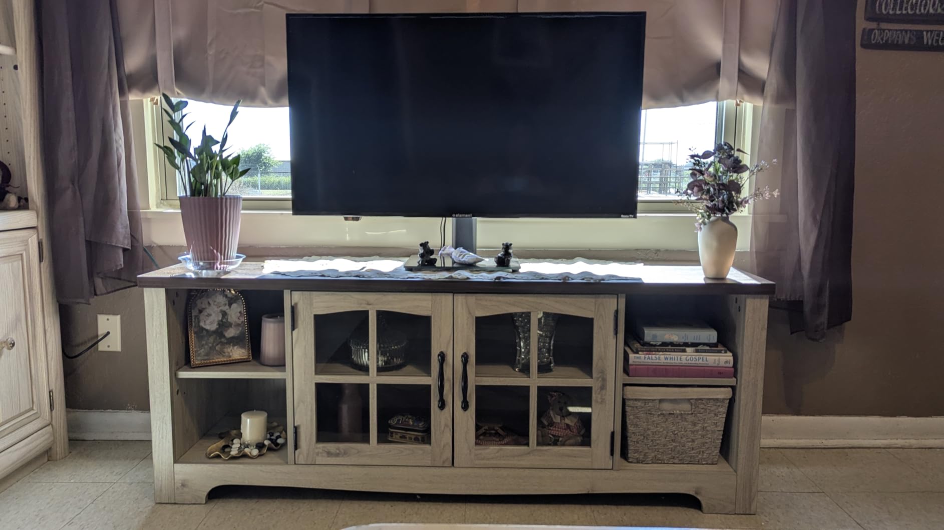 LINSY HOME Farmhouse TV Stand for 65 Inch TV, Wood Entertainment Center with Glass Door Storage Cabinet & Adjustable Shelves, Large Sturdy TV Console Table for Living Room Bedroom customer photo 2