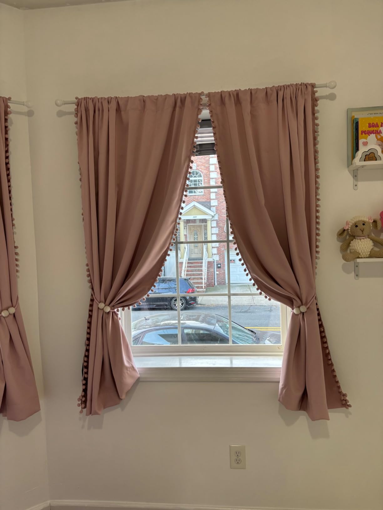 Pink Blackout Curtains for Bedroom Pom Pom Thermal Insulated 100% Full Blackout Curtain Panels for Girls Baby Nursery Room 84 inch Energy Efficient Window Drapes for Kids 52