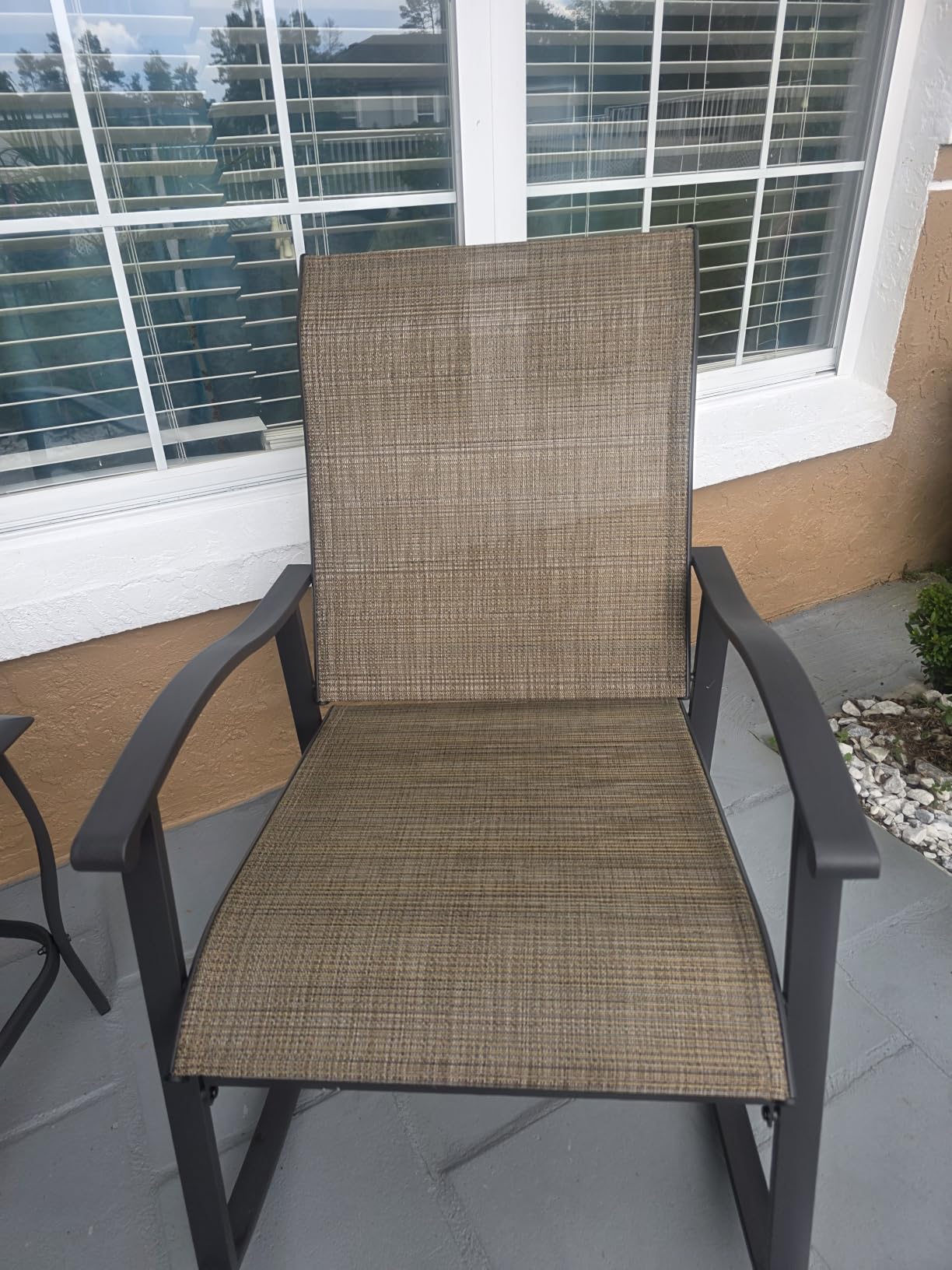 Vongrasig 3 Piece Outdoor Rocking Bistro Set, Textilene Fabric Small Patio Furniture Set, Front Porch Rocker Chairs Conversation Set with Glass Table for Lawn, Garden, Balcony, Poolside (Light Gray) customer photo 2