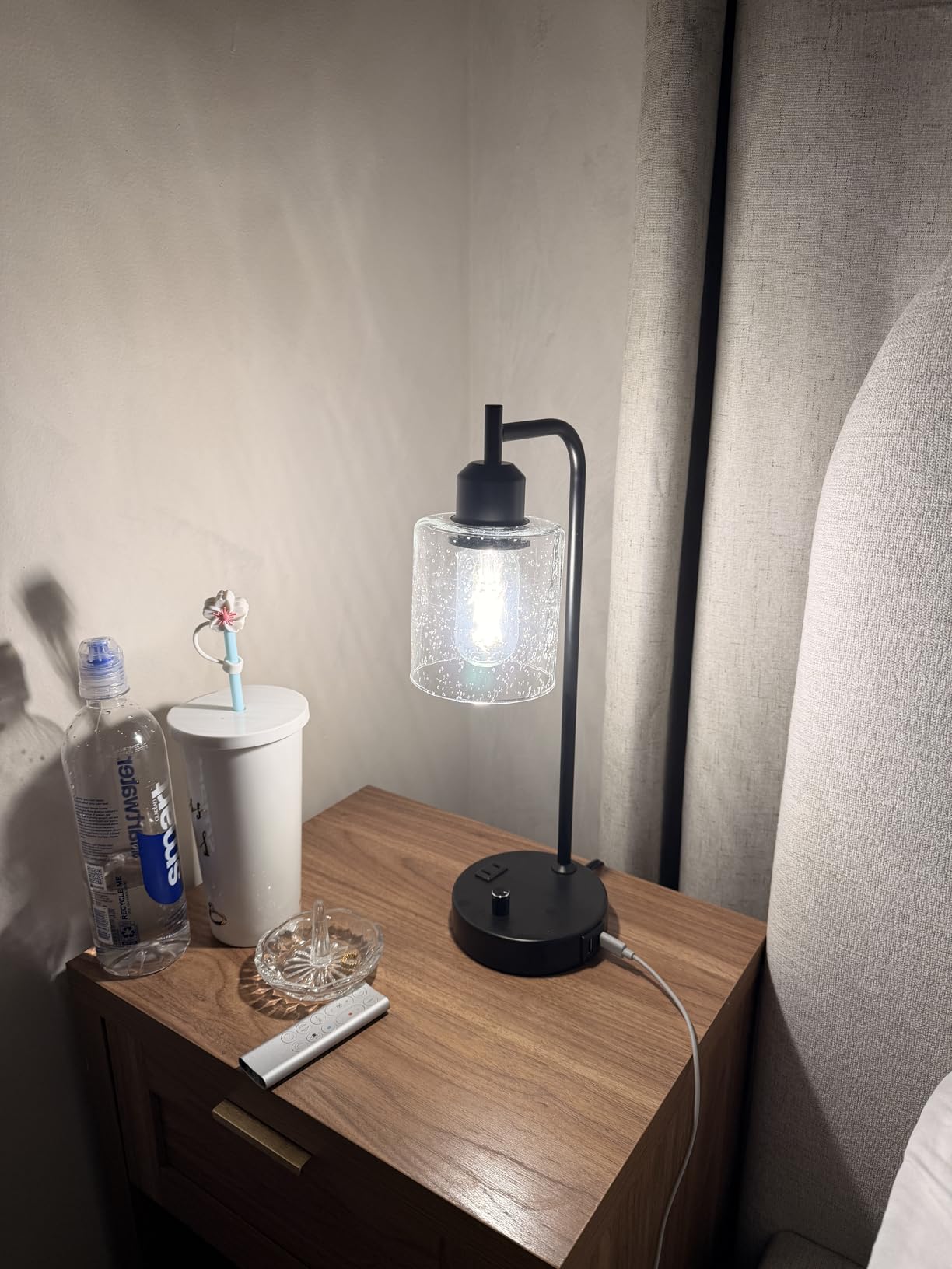 Industrial Bedside Lamps Set of 2, Fully Dimmable Desk Lamps for Bedroom | Glass Shade, USB C+A Charging Port & Outlet, Black Nightstand Table Lamps for Living Room, Office, Reading, Vintage customer photo 1