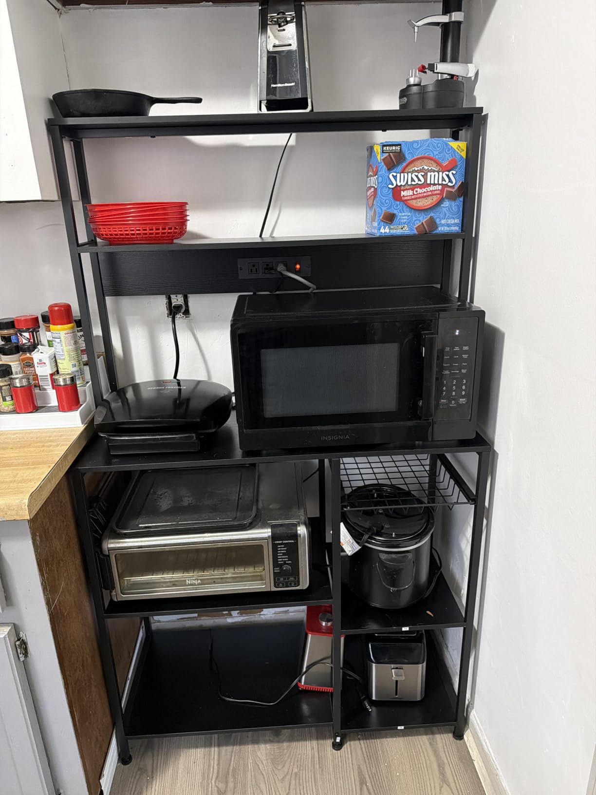 SUPERJARE Bakers Rack with Power Outlet, 35.4 Inches Coffee Bar with Basket | Kitchen Microwave Stand with 6 S-Shaped Hooks, Open Storage Shelves, Rustic Brown customer photo 1