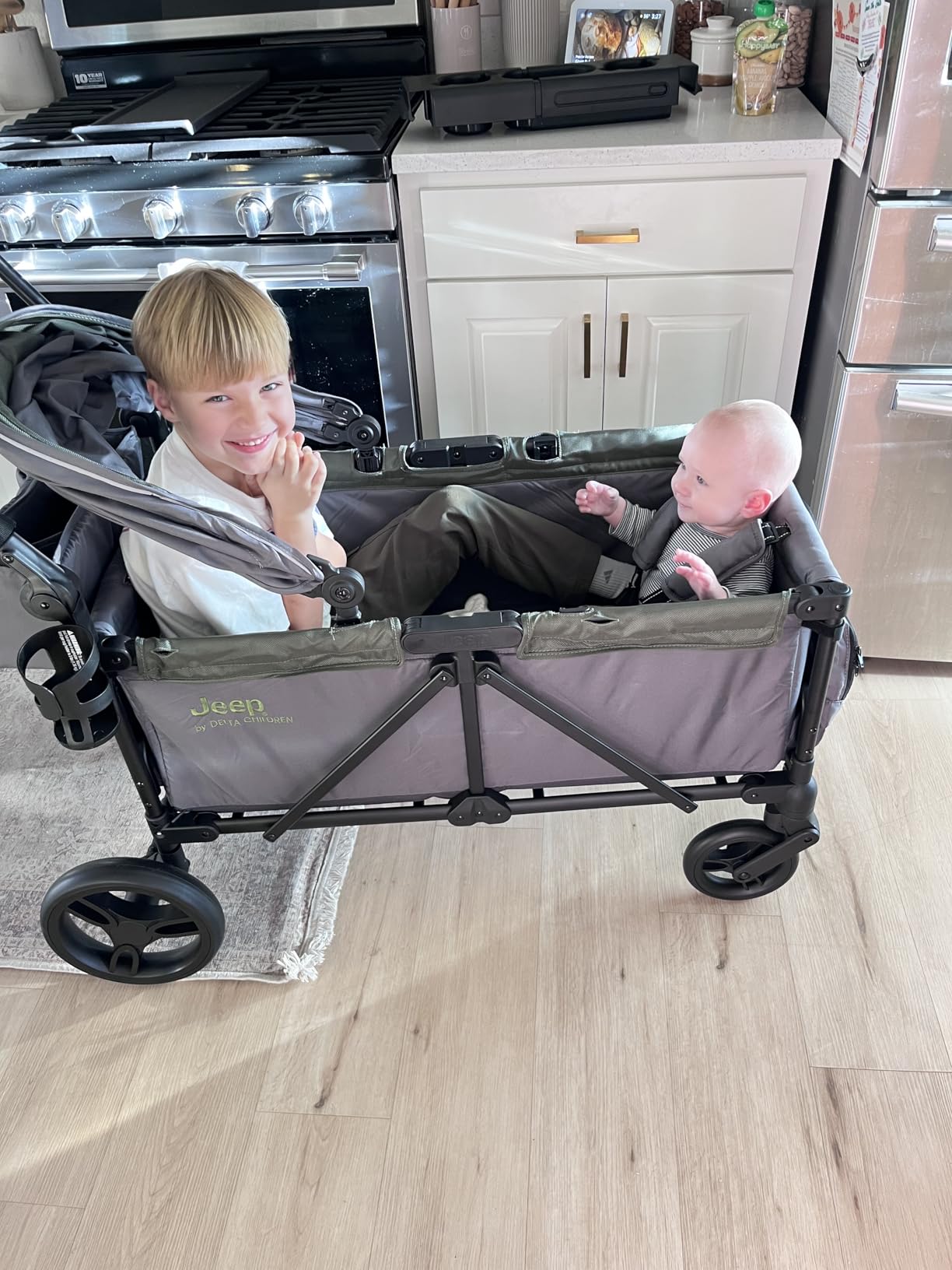 Jeep Sport All-Terrain Stroller Wagon by Delta Children - Includes Canopy, Parent Organizer, Adjustable Handlebar, Snack Tray & Cup Holders, Grey/Olive Green customer photo 2