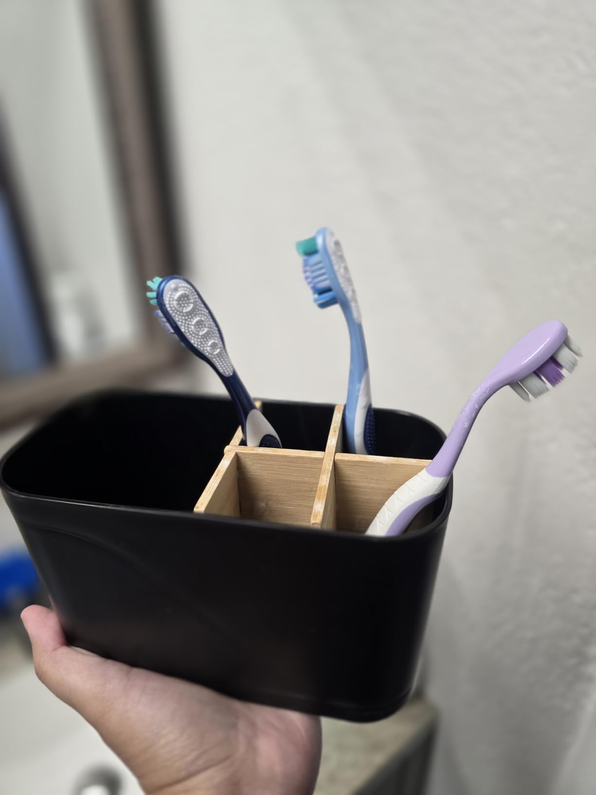 Electric Toothbrush Holder Tooth Brush and Toothpaste Organizer, Black | 3 Slots, Drainage Holes, Removable Bamboo Divider, Ventilation Design, Space-Saving, for Bathroom Countertop, Shower, Vanity customer photo 1