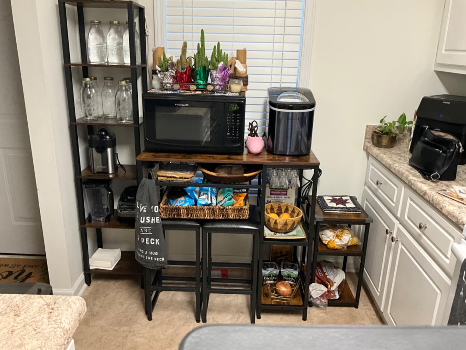 Bar Table and Chairs Set with Power Outlet, Pub Table and Chairs Set for 2 | 3 Piece Table Set with 2 Storage Shelves, Wine Rack & Glass Holder, for Living Room, Dining Room, Small Apt customer photo 2