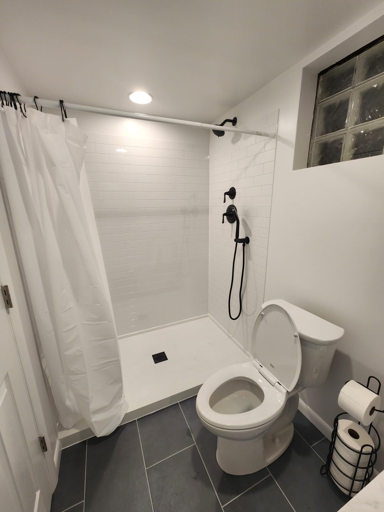 WOODBRIDGE 60 L x 36 W x 75 H Alcove Solid Surface Shower Combo Kits with Glue Up Shower Walls in Glossy White and Single Threshold Shower Base in White with Center Drain and Black Cover customer photo 1