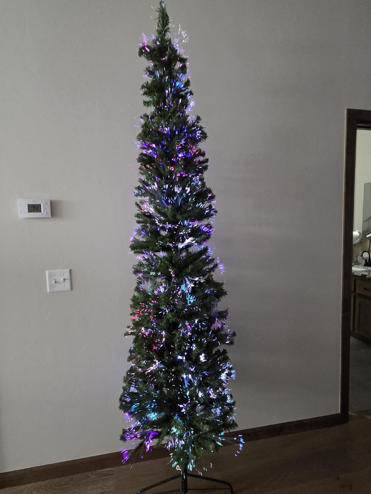 Goplus 8ft Fiber Optic Pencil Christmas Tree, Pre-Lit Artificial Slim Christmas Tree with Colorful Lights, 889 Branch Tips, Foldable Metal Stand customer photo 1